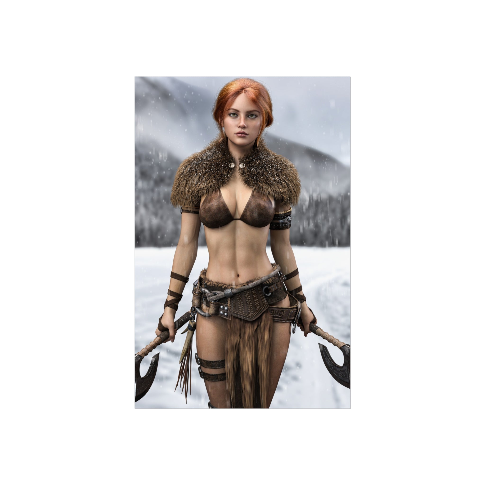 Viking Warrior Woman Fine Art Poster — Red-Haired Norse Axe Fighter Print