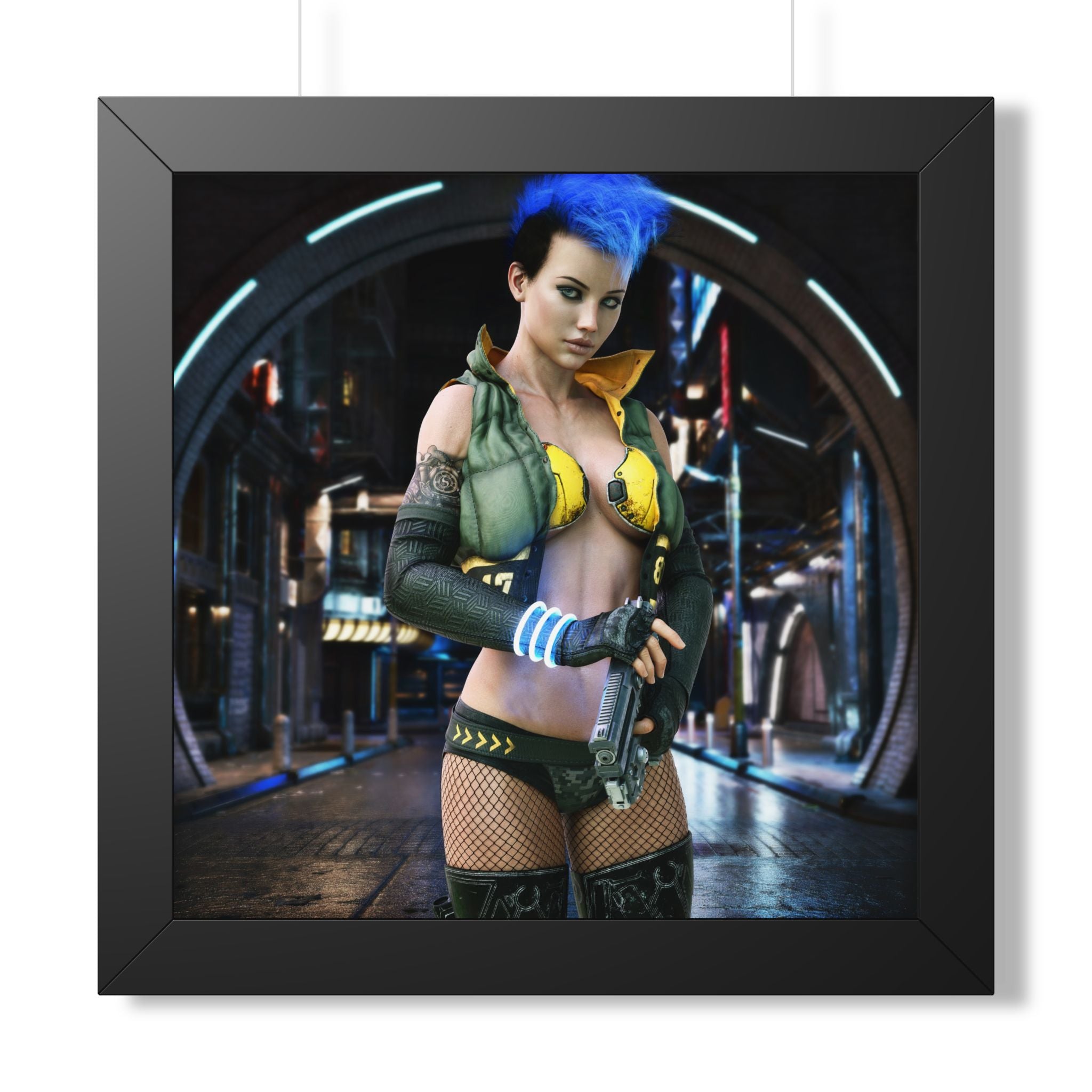 Cyberpunk Bounty Hunter Framed Poster — Futuristic Sci‑Fi Wall Art- No AI- Human created illustration art