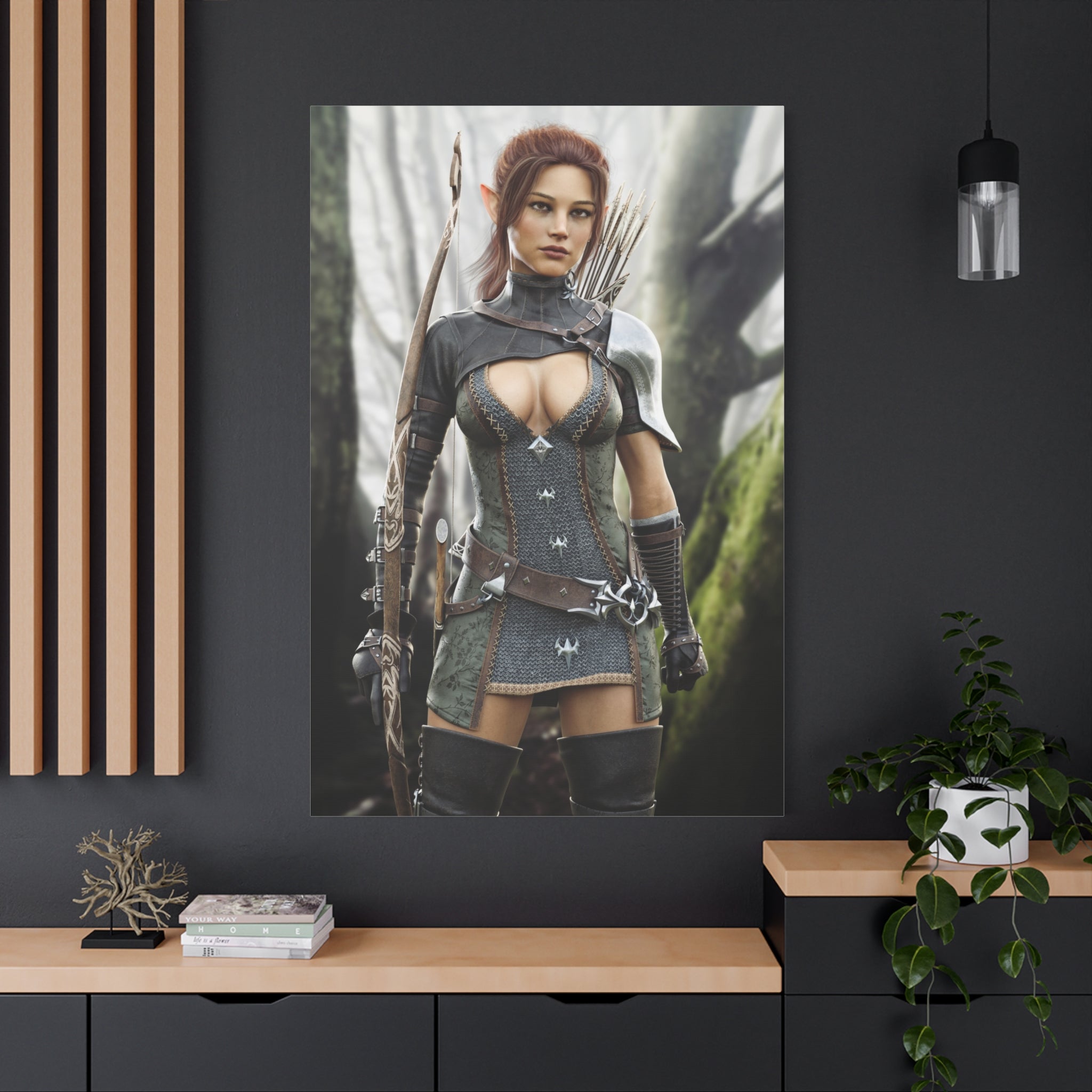 Fantasy Wood Elf Archer Warrior Canvas Print — Matte Stretched Wall Art - No Ai - human created illustration art