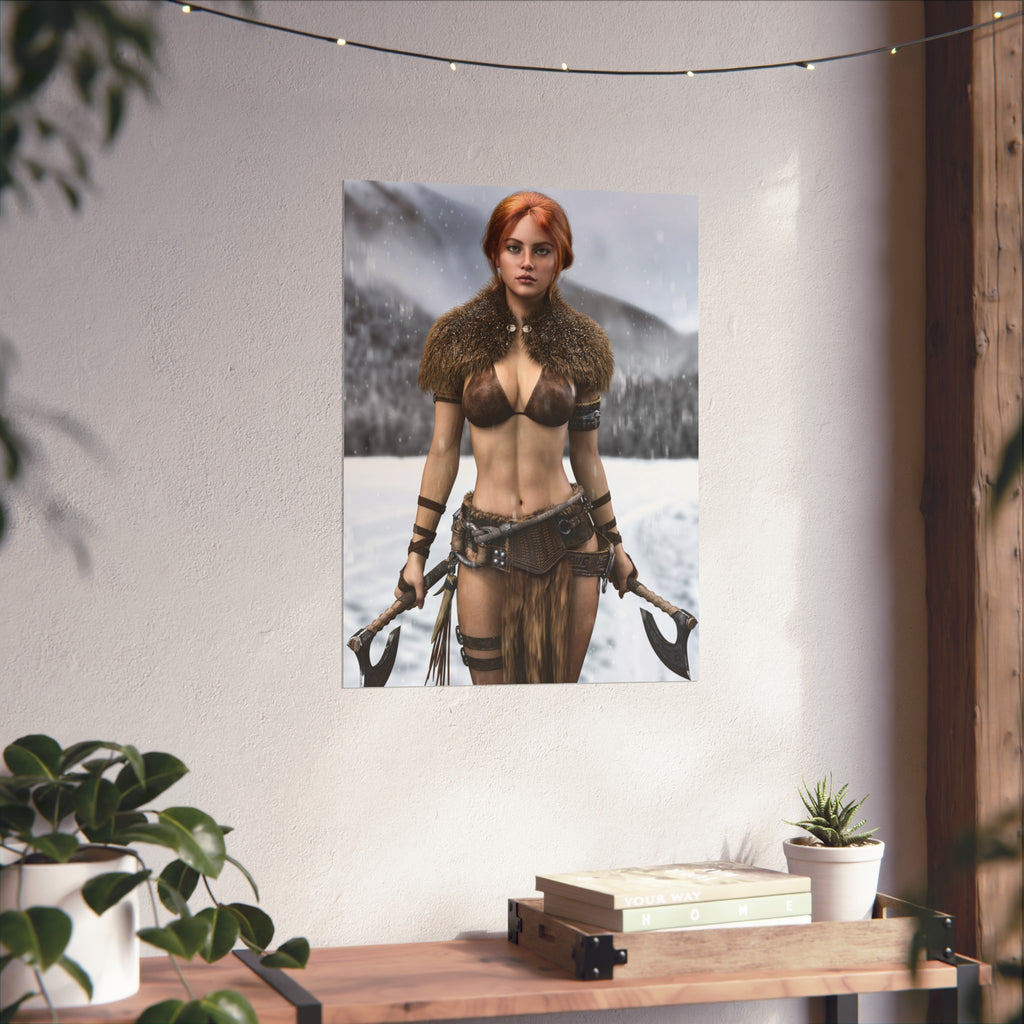 Viking Warrior Woman Fine Art Poster — Red-Haired Norse Axe Fighter Print