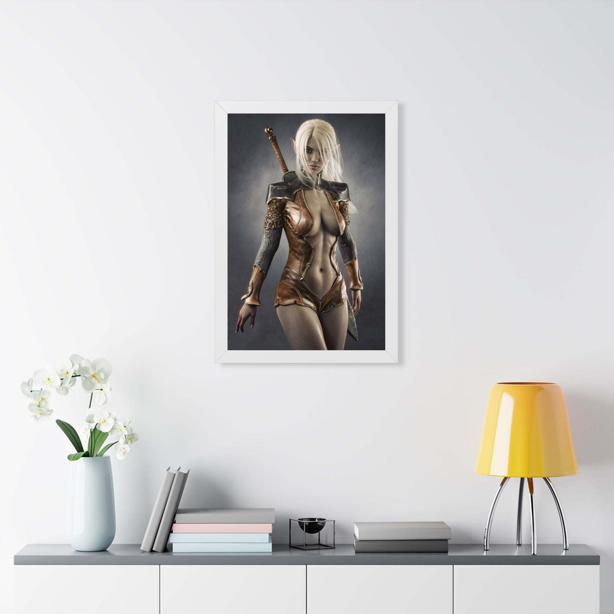 Framed Poster — Fantasy Warrior Woman Art Print (Vertical) - No AI - Human created illustration art
