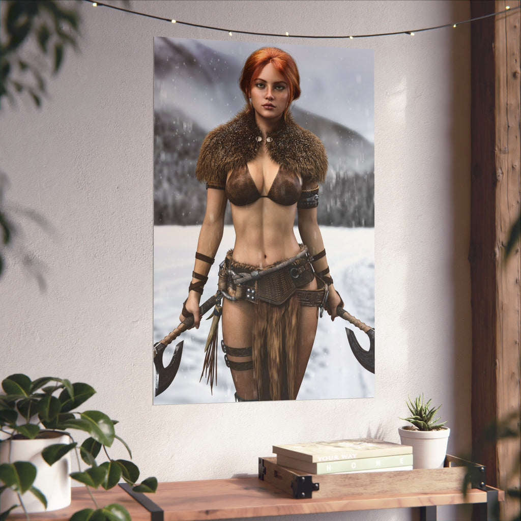 Viking Warrior Woman Fine Art Poster — Red-Haired Norse Axe Fighter Print
