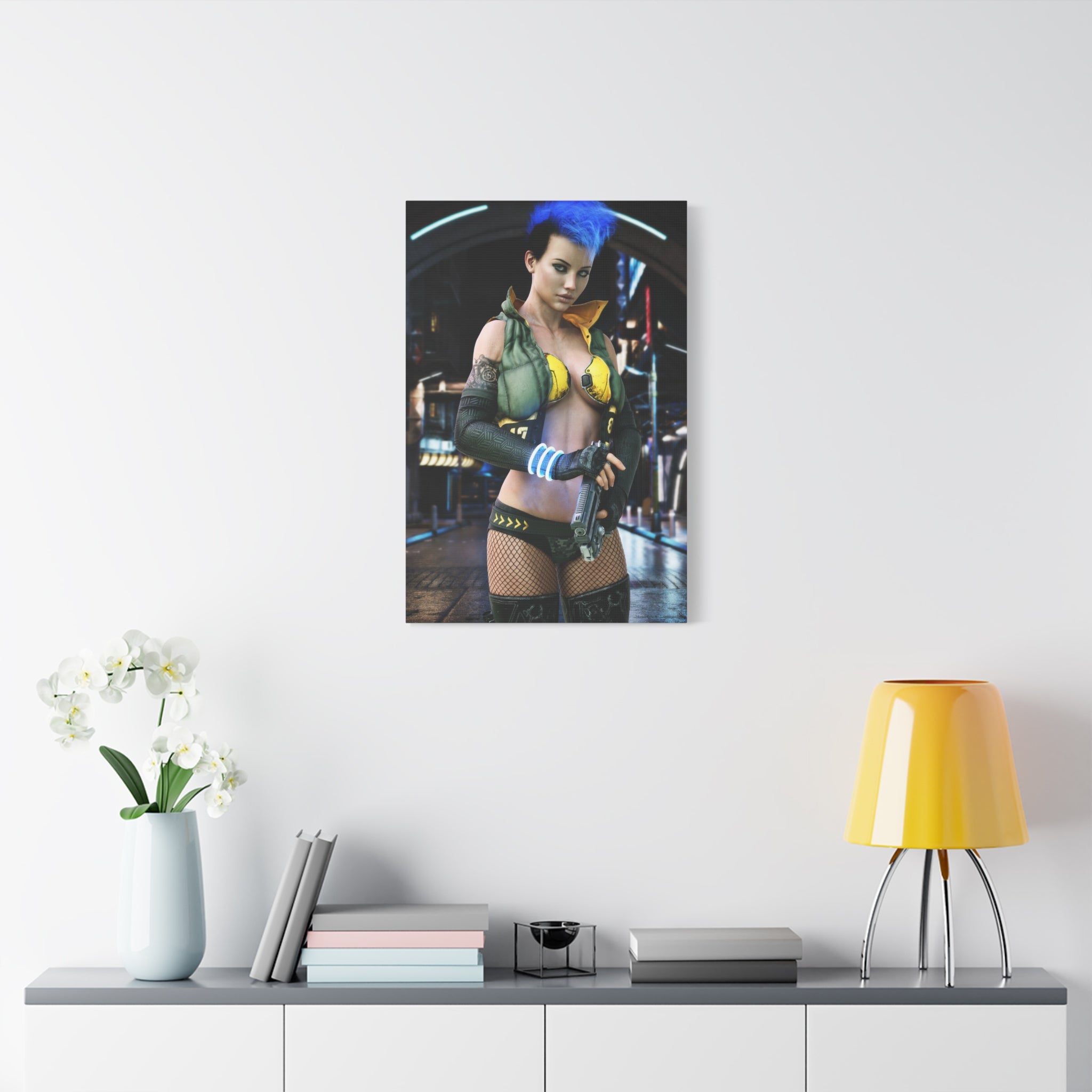 Cyberpunk Femme Fatale Canvas Print — Matte Stretched Wall Art -No AI- Human created illustration art