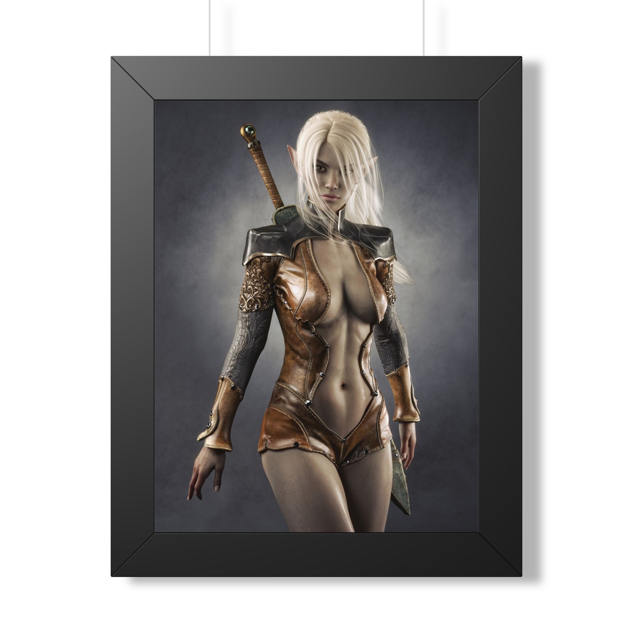 Póster enmarcado — Lámina artística de mujer guerrera fantástica (vertical) - Sin IA - Ilustración creada por humanos