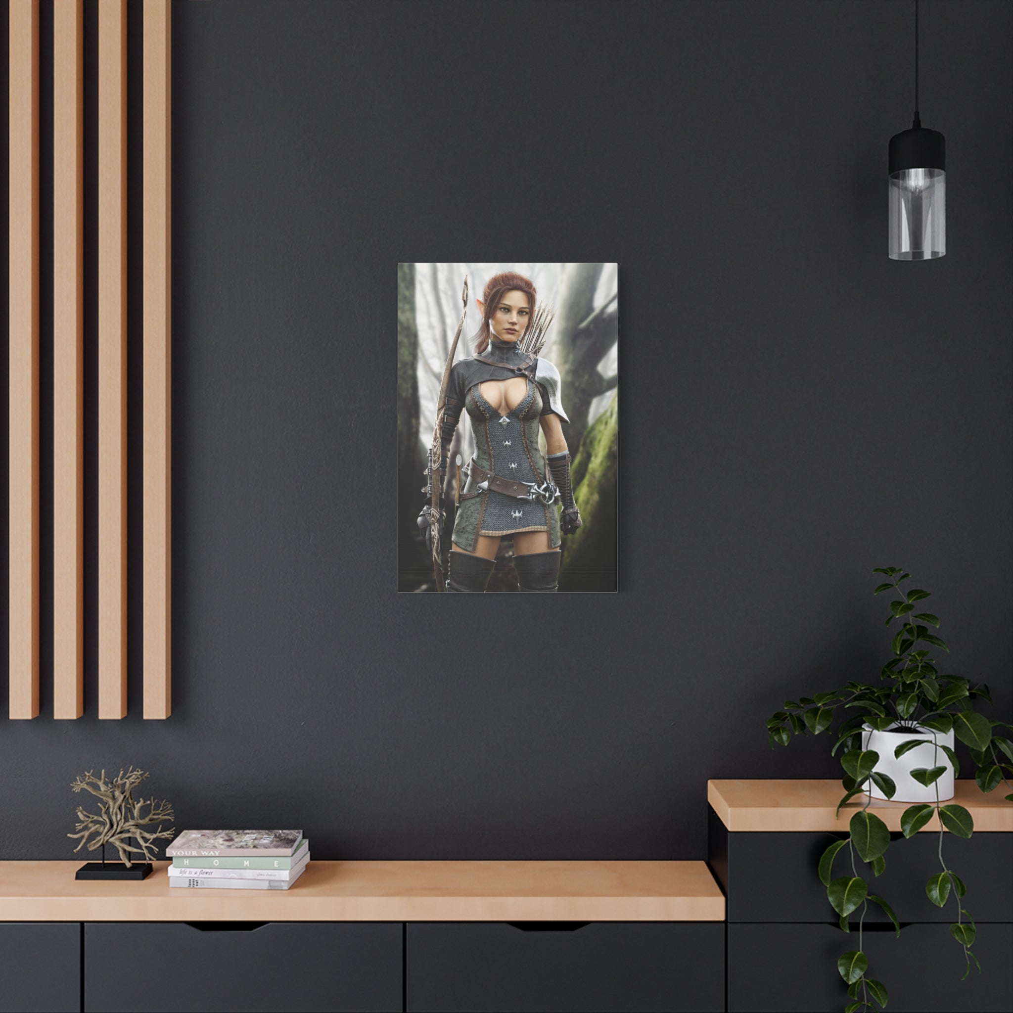 Fantasy Wood Elf Archer Warrior Canvas Print — Matte Stretched Wall Art - No Ai - human created illustration art
