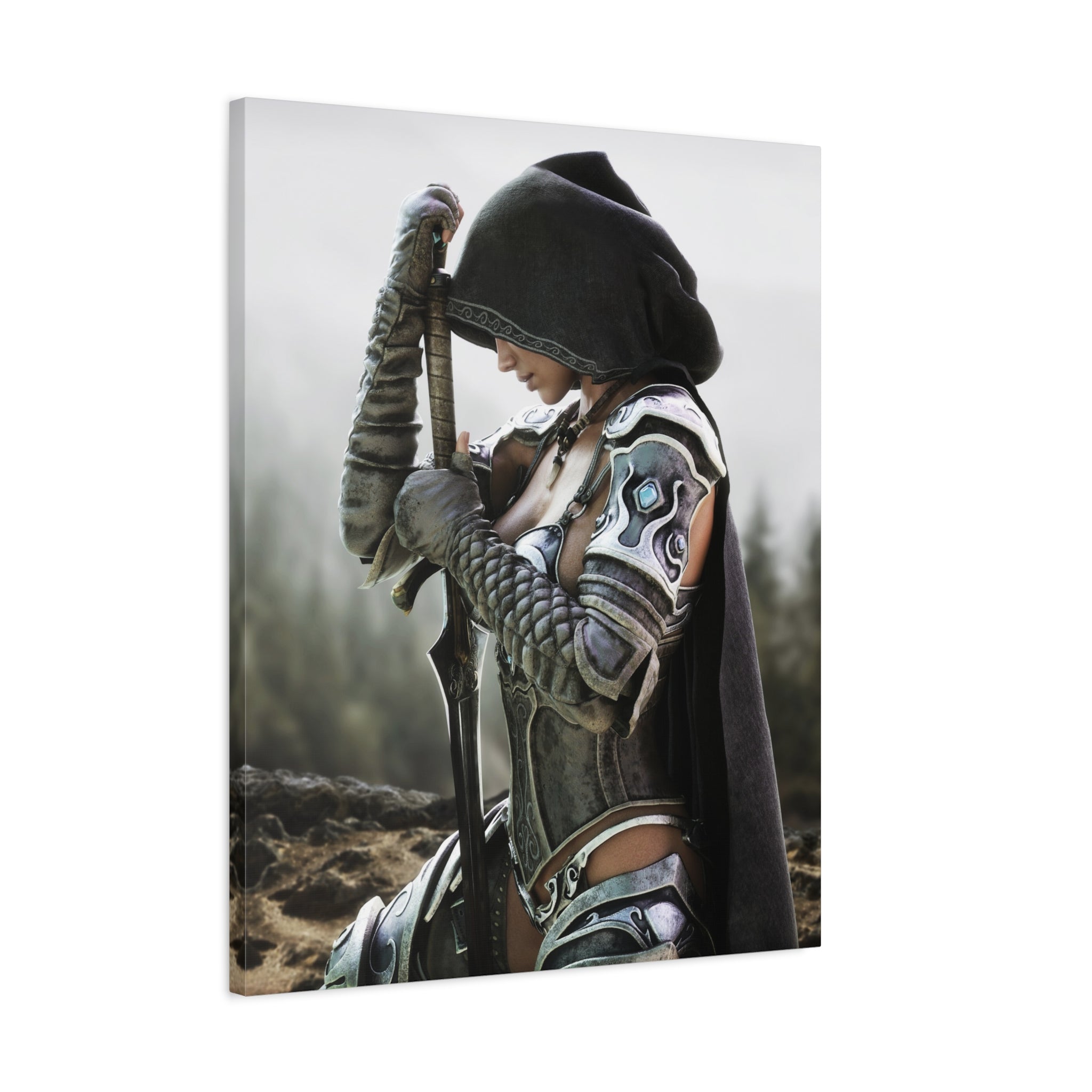 Fantasy Warrior Canvas Print — Hooded Female Knight Matte Stretched Wall Art- No AI- Human created fantasy art