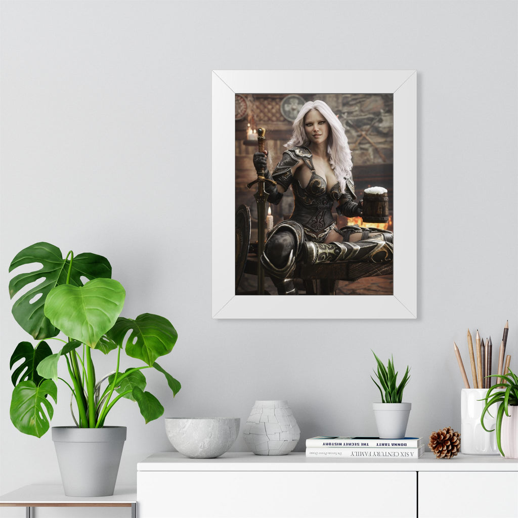 Fantasy Warrior Woman Framed Poster — Medieval Armor in Tavern Art Print- No AI- Human created illustration art