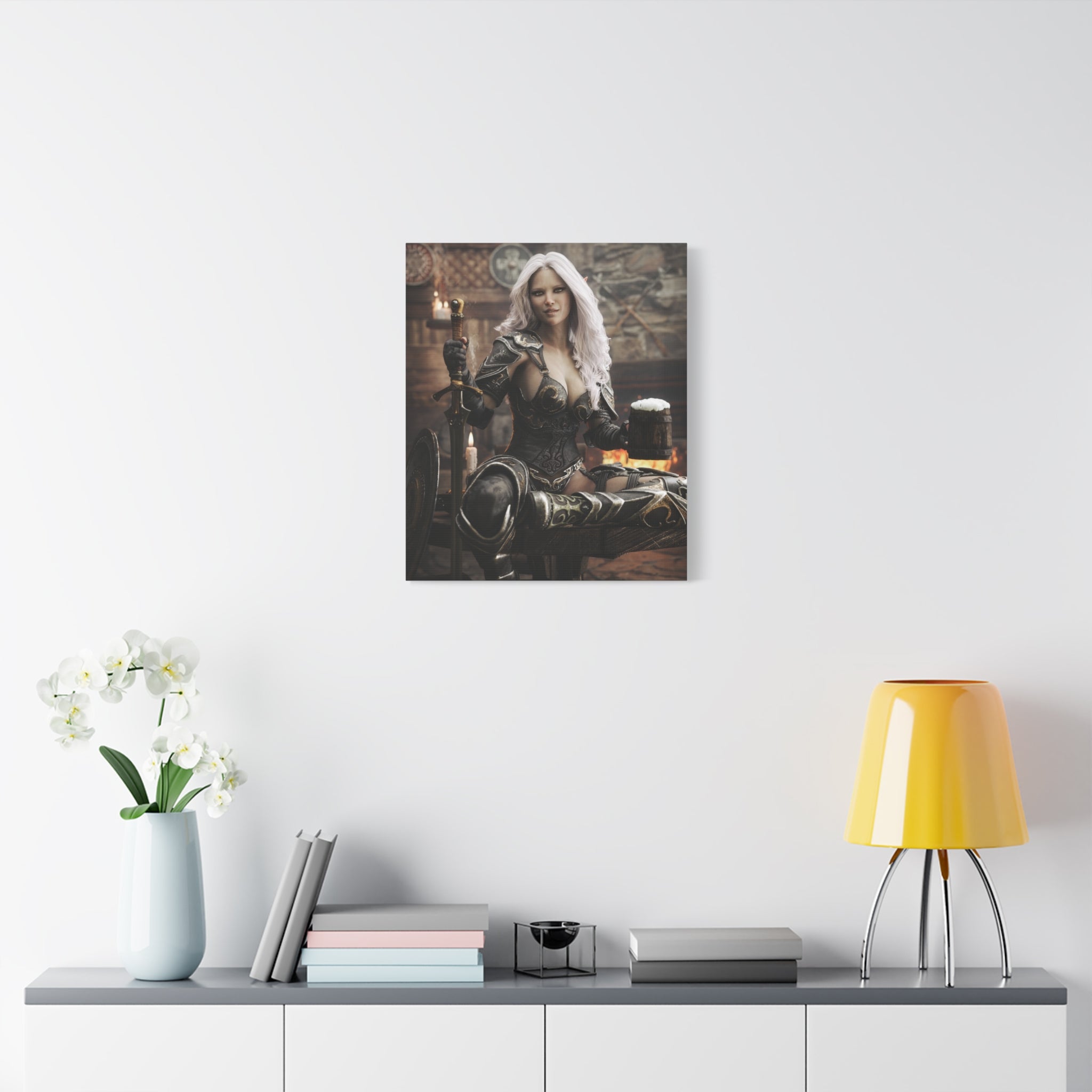 Fantasy Warrior Woman Canvas Print — Armored Dark elf in Tavern Portrait-No AI- Human created illustration art