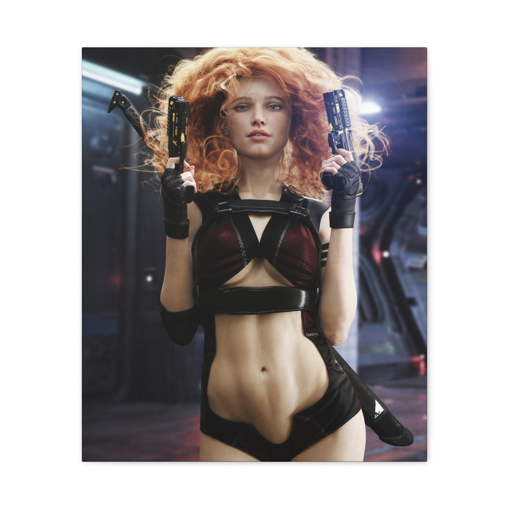 Sci‑Fi Femme Fatale Canvas Print — Red‑Haired Space Gunslinger Matte Stretched- No AI - Human created illustration art