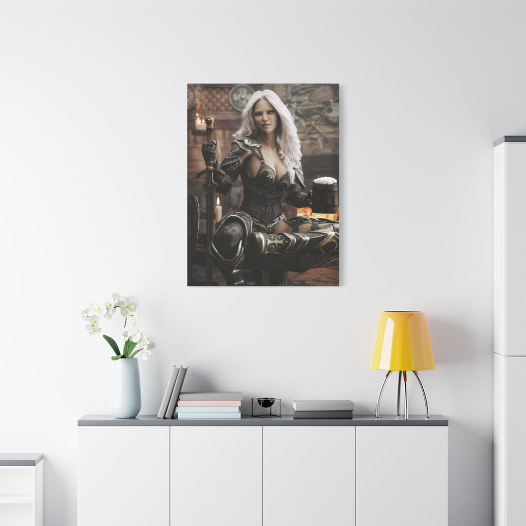 Fantasy Warrior Woman Canvas Print — Armored Dark elf in Tavern Portrait-No AI- Human created illustration art