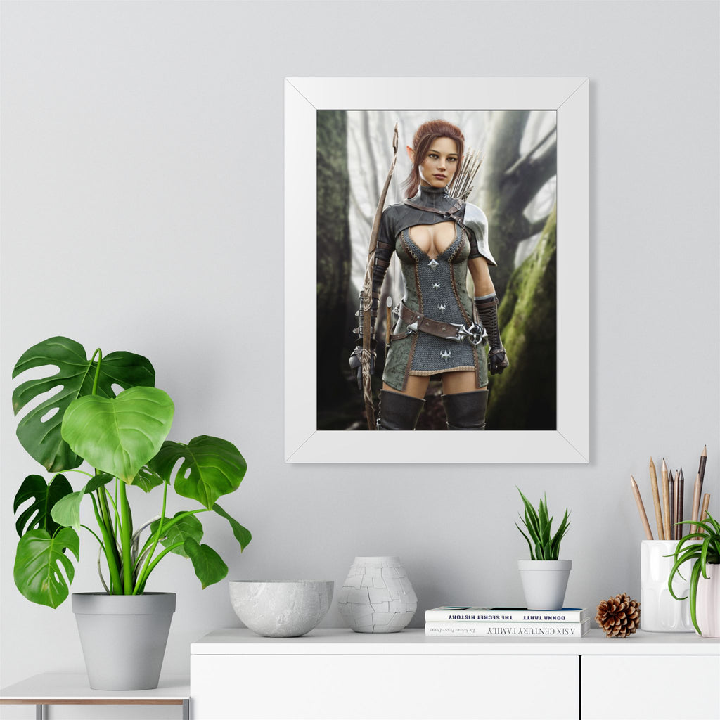 Fantasy Wood Elf Archer Framed Poster — Female Ranger Wall Art - No AI human created illustration art