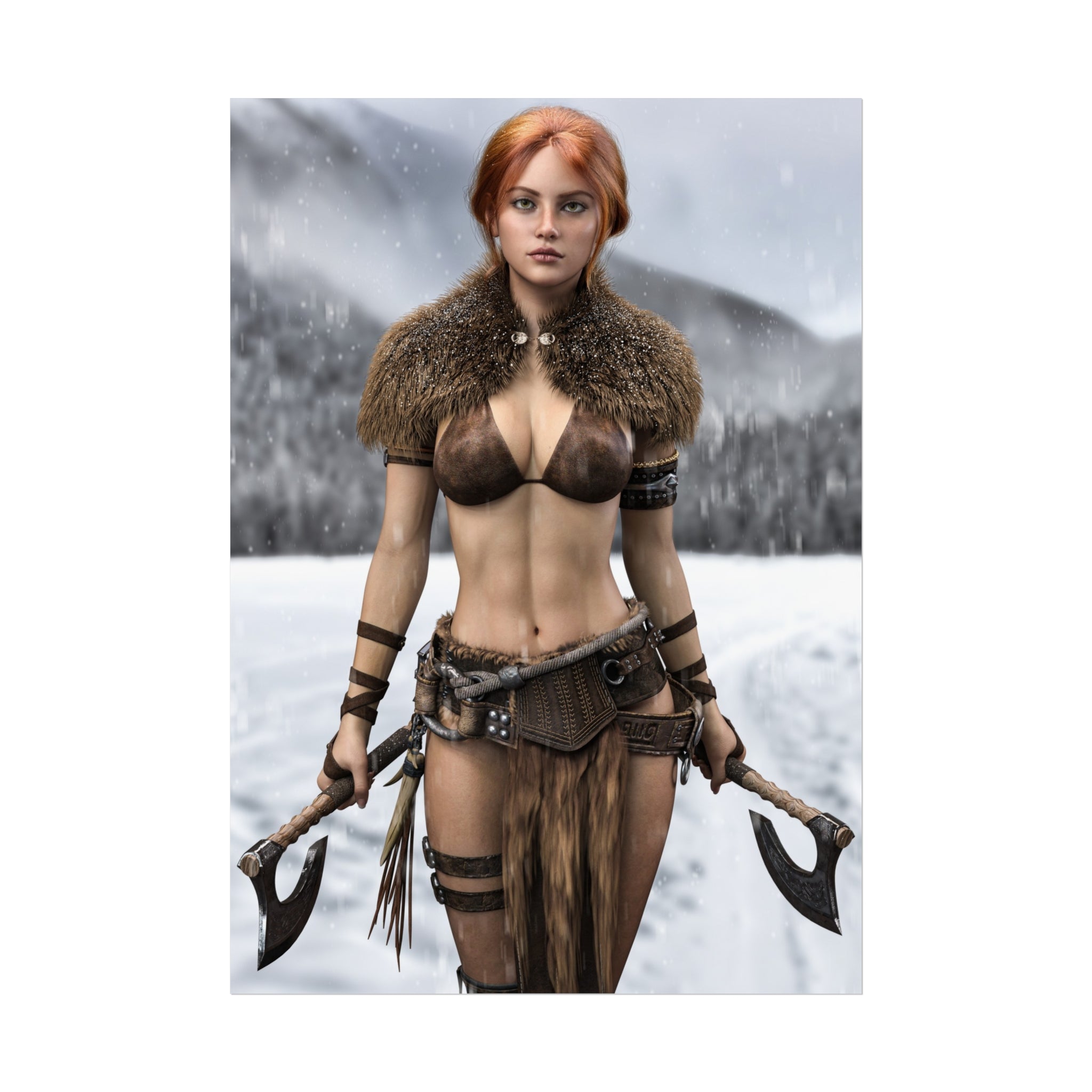Viking Warrior Woman Fine Art Poster — Red-Haired Norse Axe Fighter Print