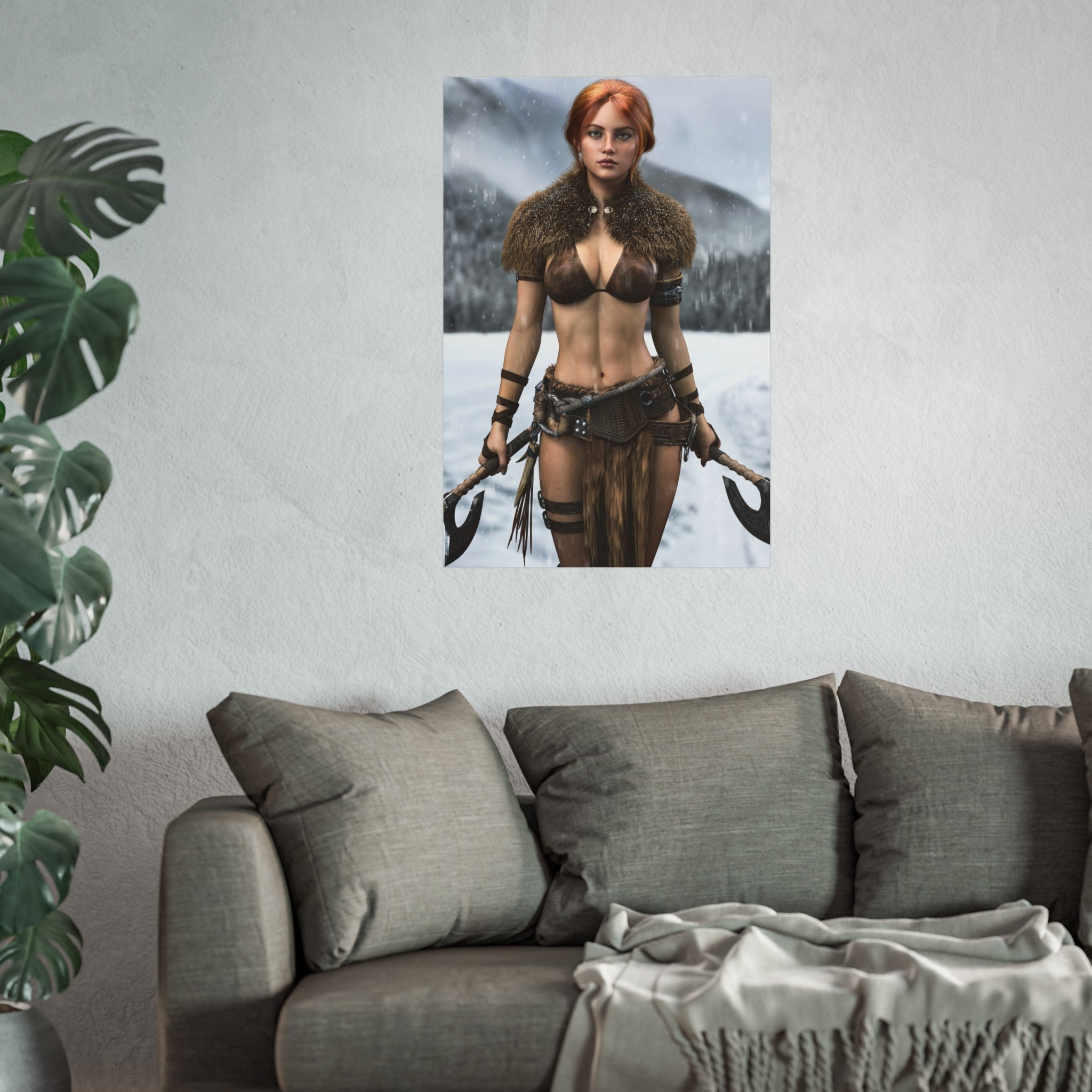 Viking Warrior Woman Fine Art Poster — Red-Haired Norse Axe Fighter Print