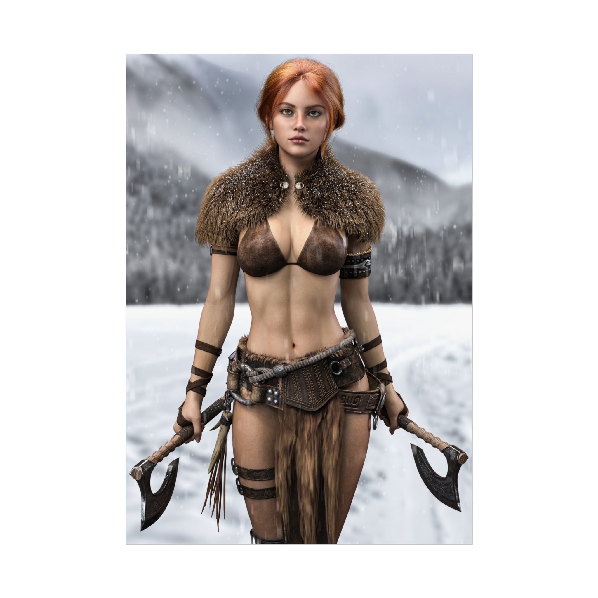 Viking Warrior Woman Fine Art Poster — Red-Haired Norse Axe Fighter Print