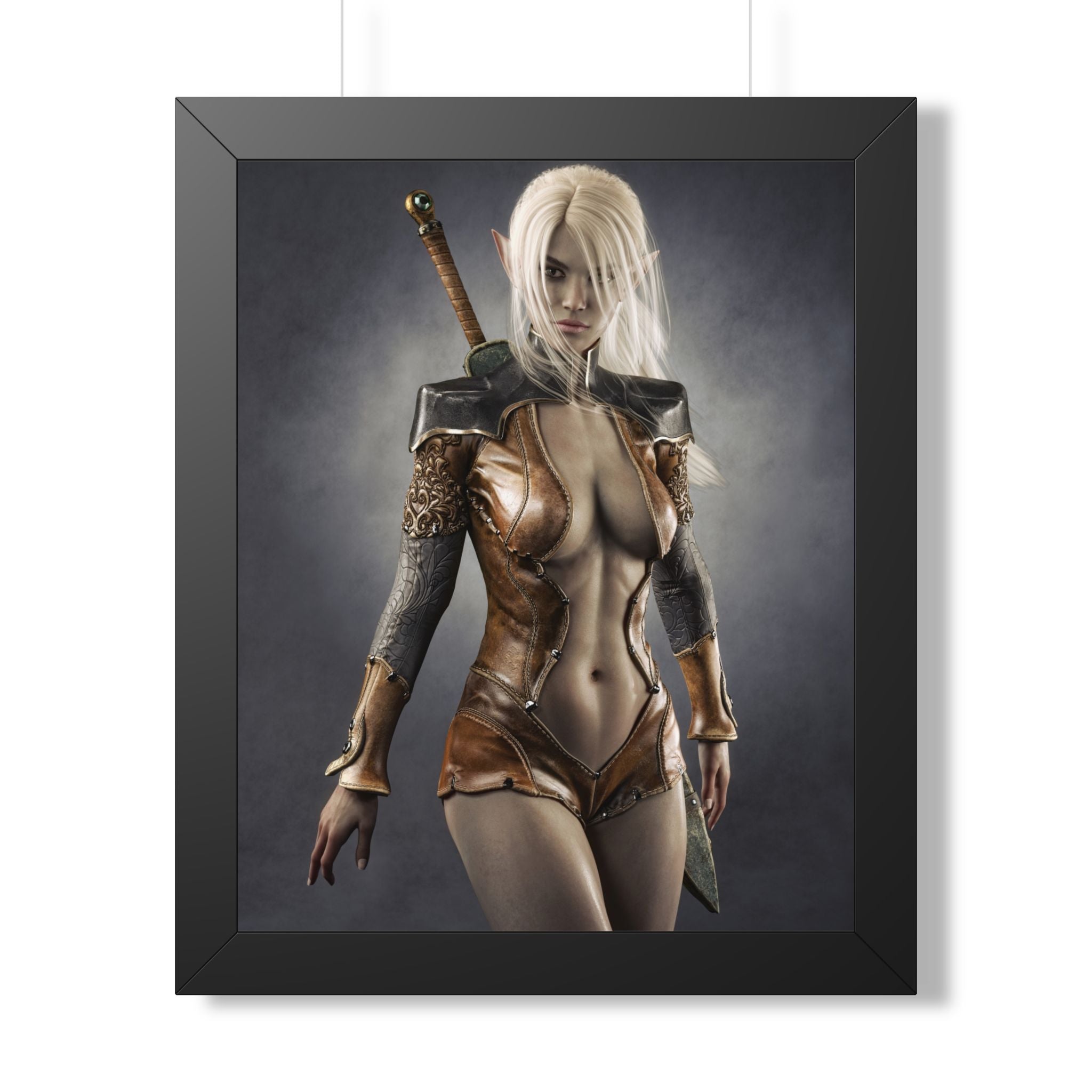 Póster enmarcado — Lámina artística de mujer guerrera fantástica (vertical) - Sin IA - Ilustración creada por humanos