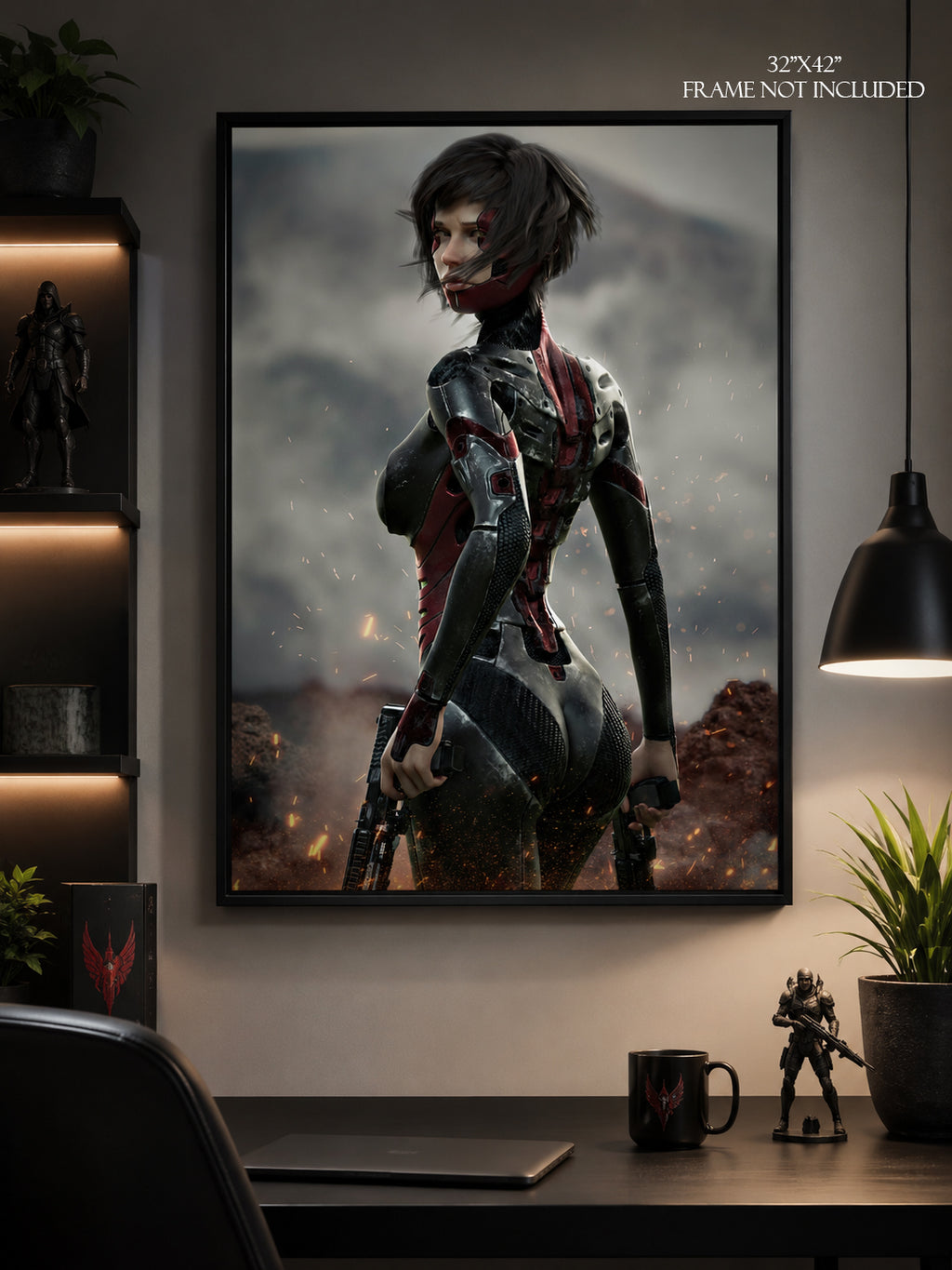 Sci‑Fi Warrior Fine Art Poster — Cybernetic Female Soldier Wall Art- No AI - Human created illustration art