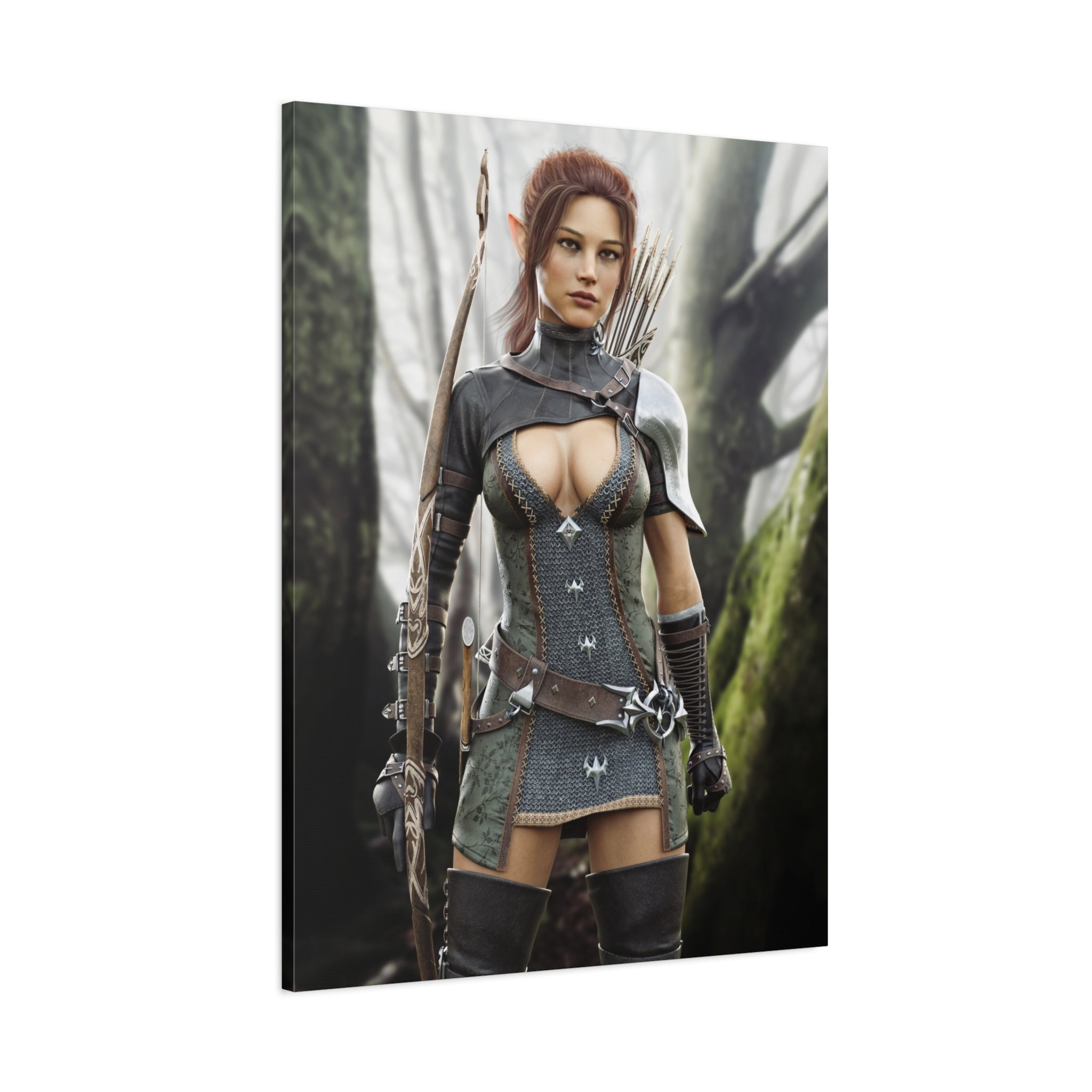 Fantasy Wood Elf Archer Warrior Canvas Print — Matte Stretched Wall Art - No Ai - human created illustration art