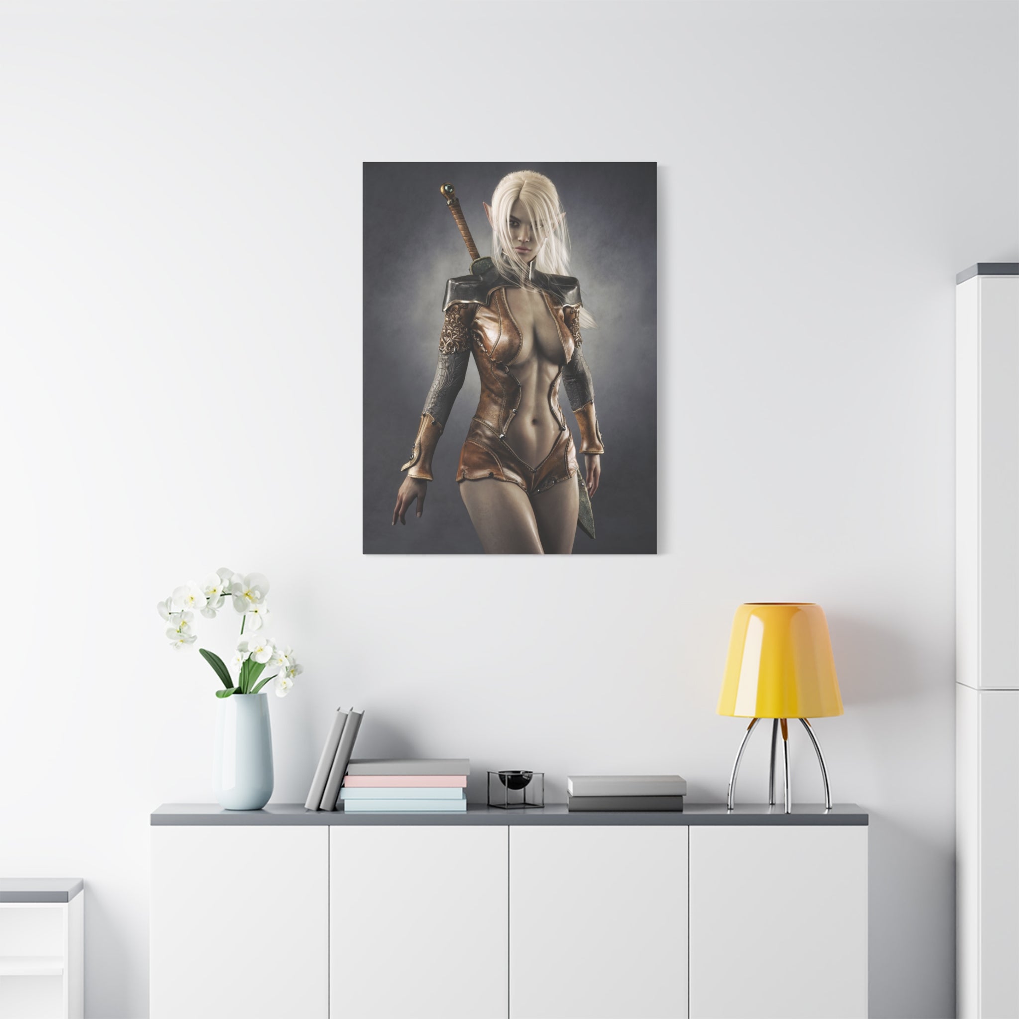 Fantasy Warrior Elf Canvas Print — Sexy Female Swordfighter Matte Stretched Art- No AI- Human created illuration art