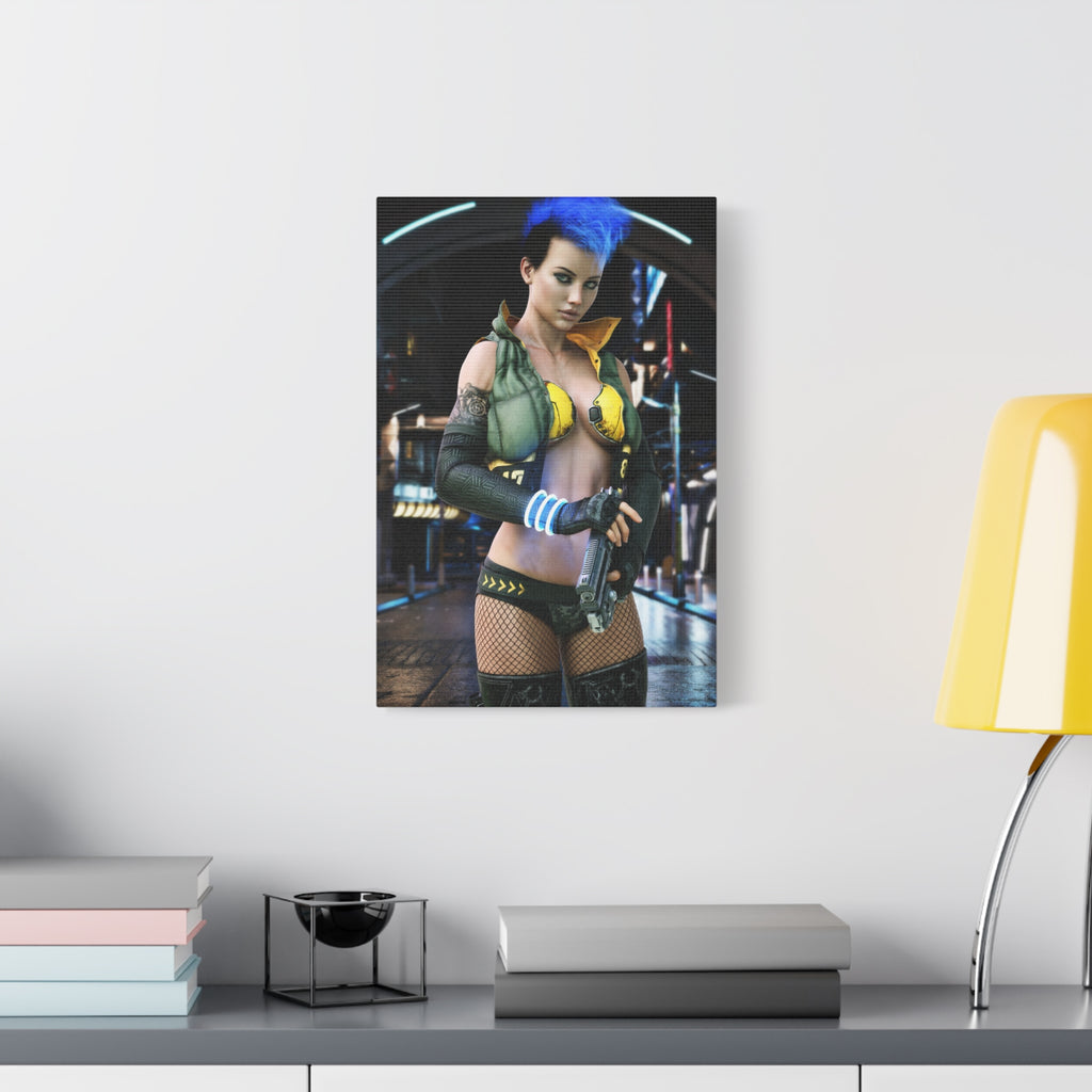 Cyberpunk Femme Fatale Canvas Print — Matte Stretched Wall Art -No AI- Human created illustration art