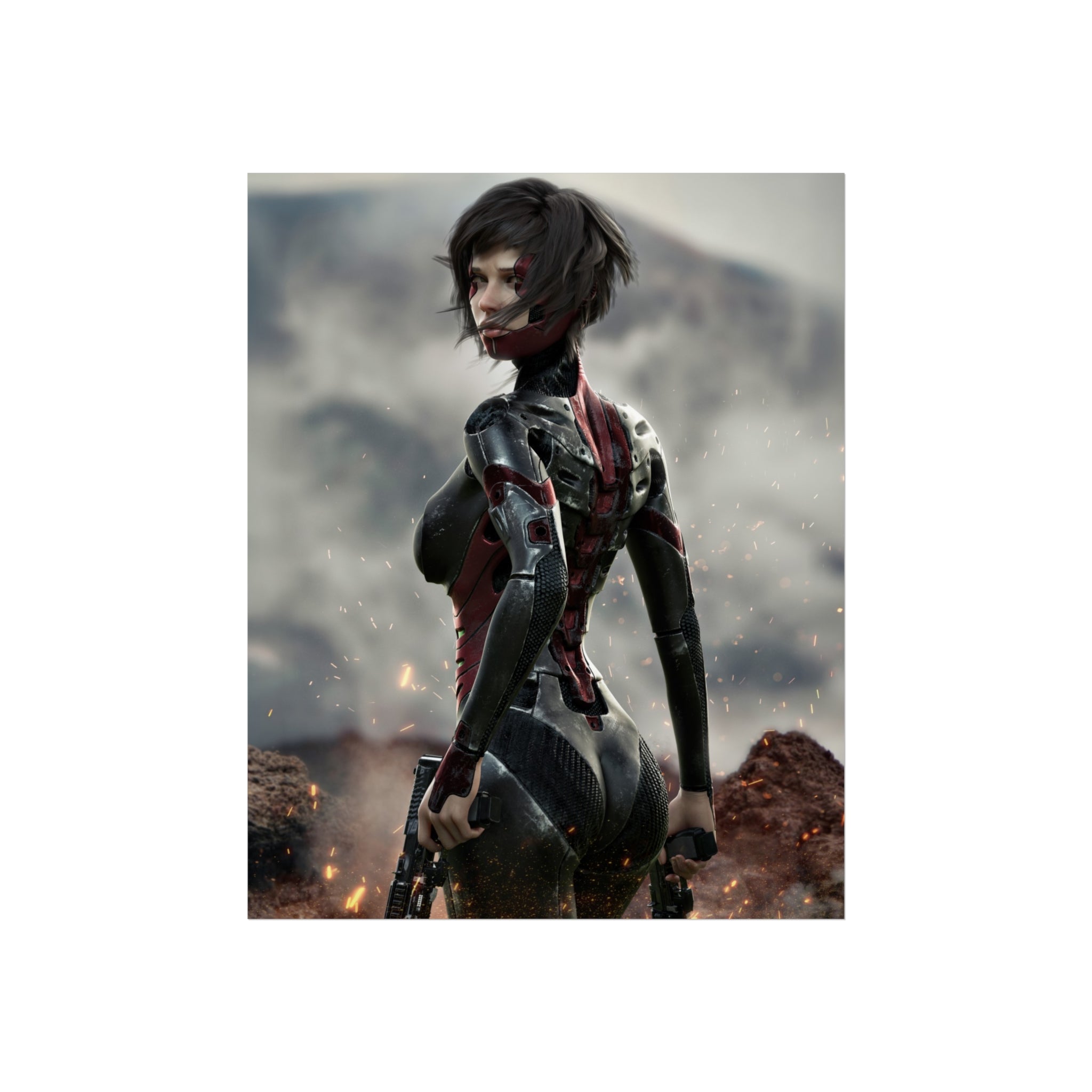 Sci-fi wall art featuring a cybernetic female assassin in advanced armor, dual pistols in hand, standing amid sparks and a futuristic battlefield.