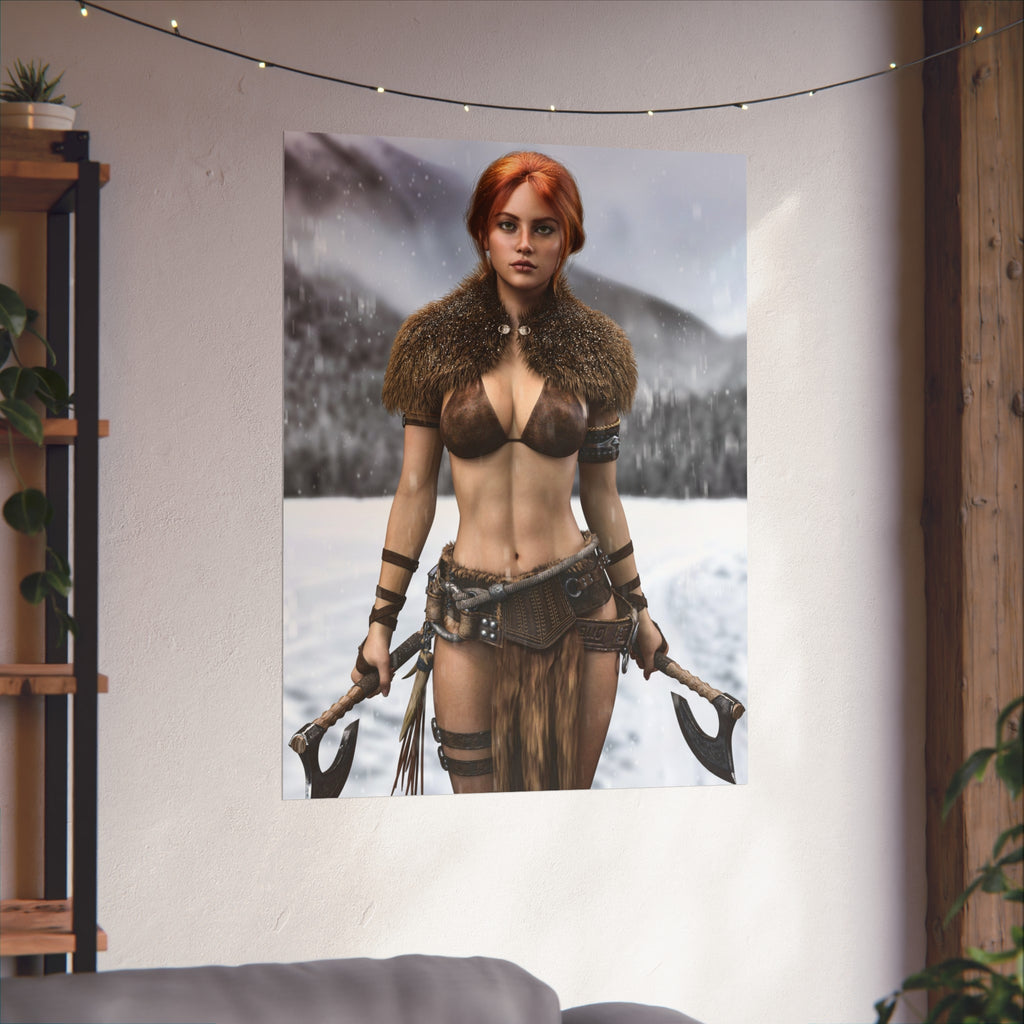 Viking Warrior Woman Fine Art Poster — Red-Haired Norse Axe Fighter Print