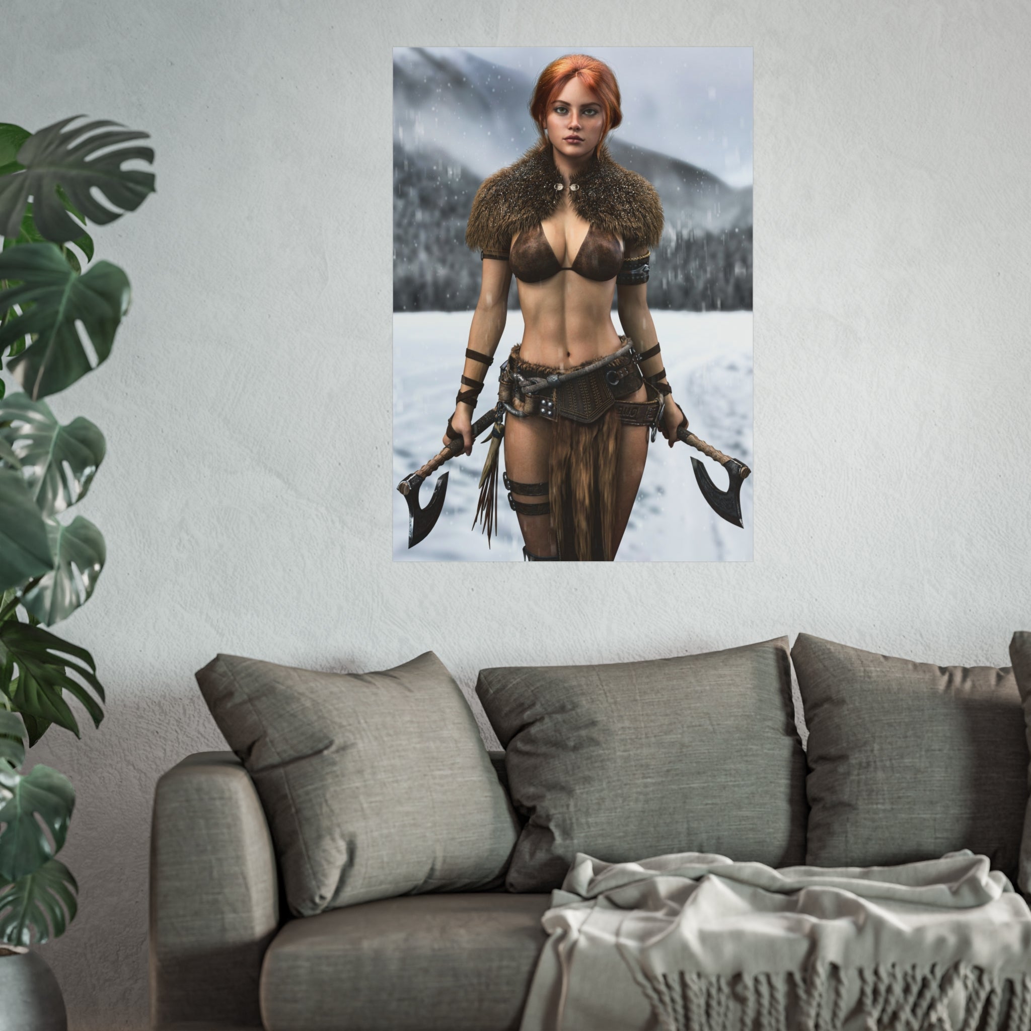 Viking Warrior Woman Fine Art Poster — Red-Haired Norse Axe Fighter Print