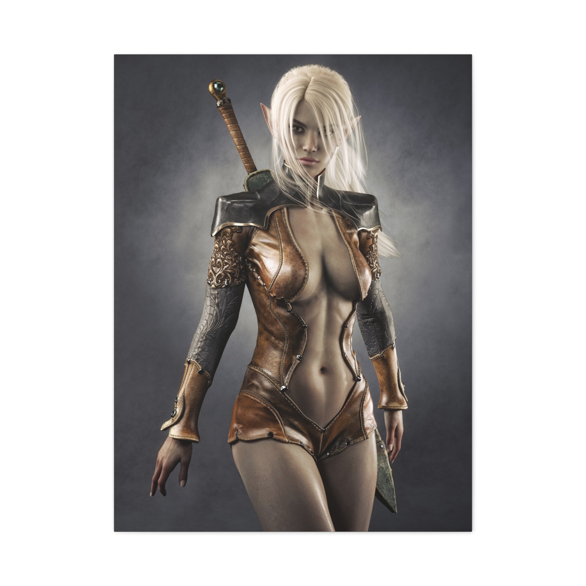 Fantasy Warrior Elf Canvas Print — Sexy Female Swordfighter Matte Stretched Art- No AI- Human created illuration art