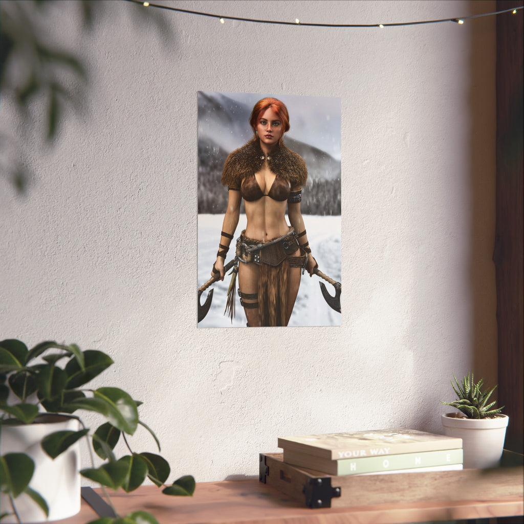 Viking Warrior Woman Fine Art Poster — Red-Haired Norse Axe Fighter Print