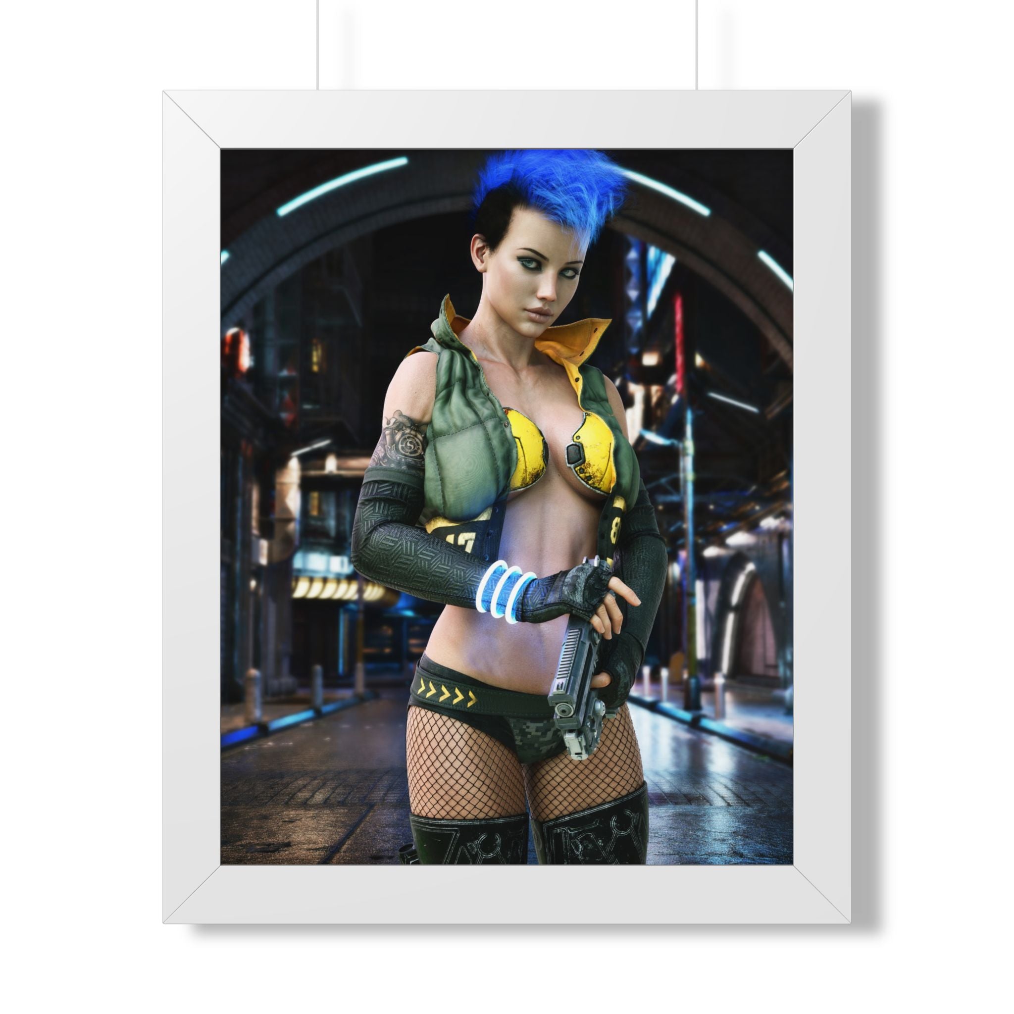Cyberpunk Bounty Hunter Framed Poster — Futuristic Sci‑Fi Wall Art- No AI- Human created illustration art