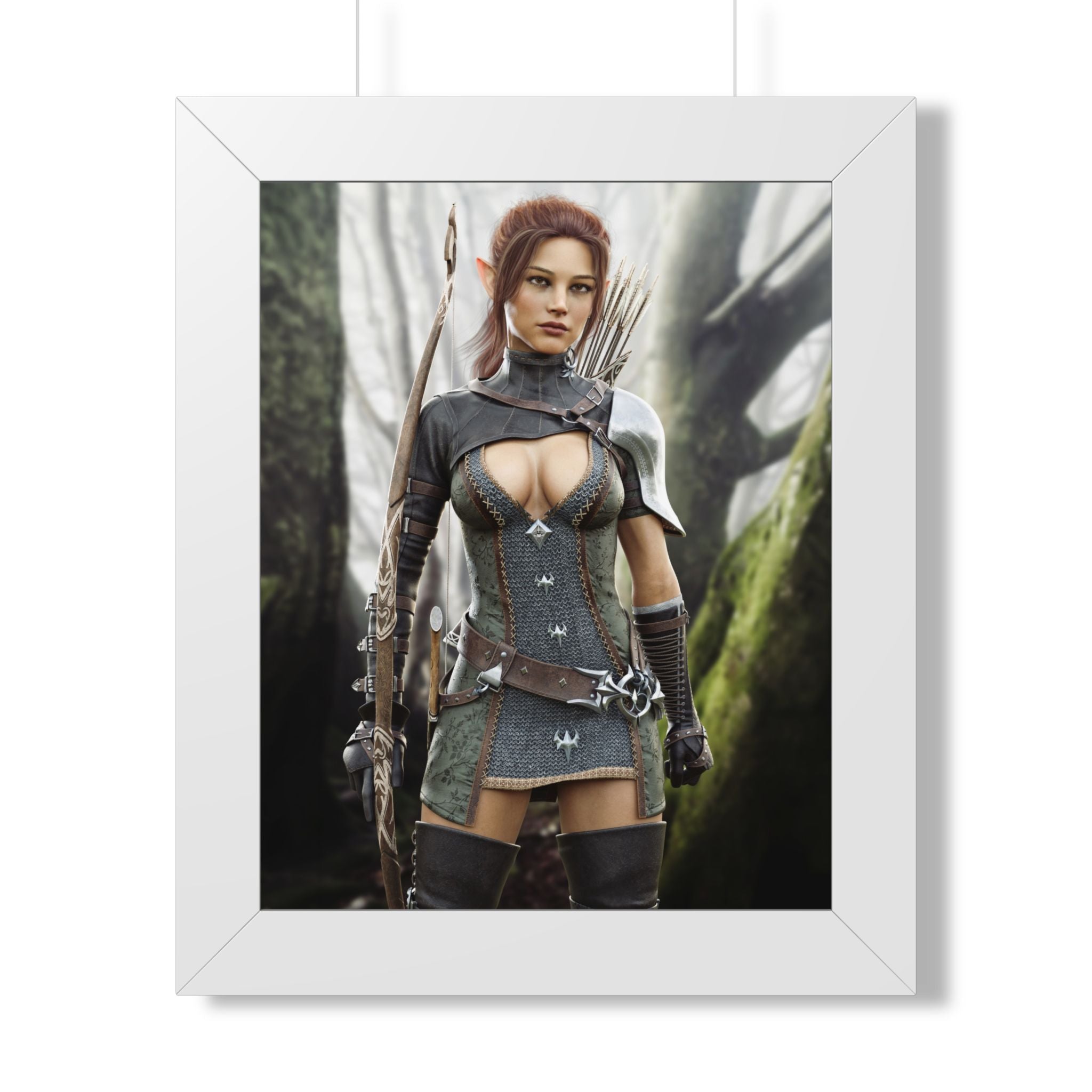 Póster Enmarcado Arquera Elfa Silvana Fantasía — Arte de Pared Guardabosques Femenina - Sin IA, arte ilustrativo creado por humanos