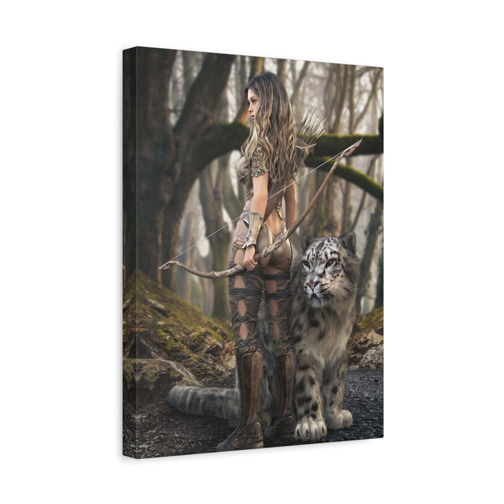 Fantasy Archer Warrior with  Leopard - Matte Stretched Canvas Wall Art - No ai - human created illustration art