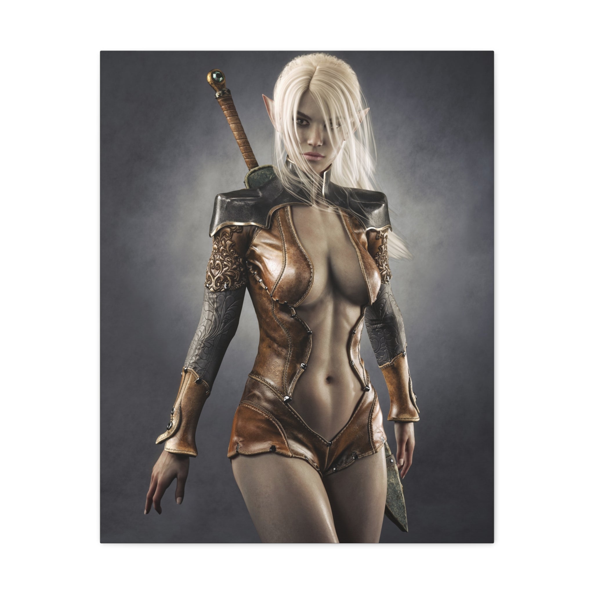 Fantasy Warrior Elf Canvas Print — Sexy Female Swordfighter Matte Stretched Art- No AI- Human created illuration art