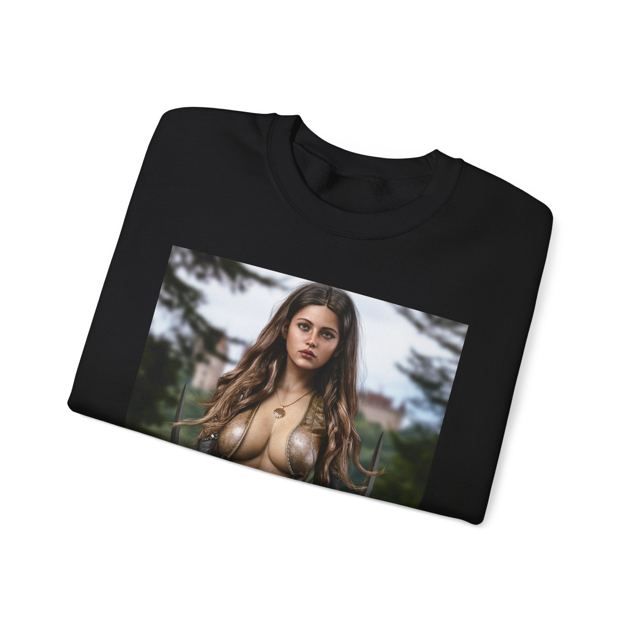 Fantasy Warrior Woman Sweatshirt — Sexy Armored Huntress Graphic Crewneck