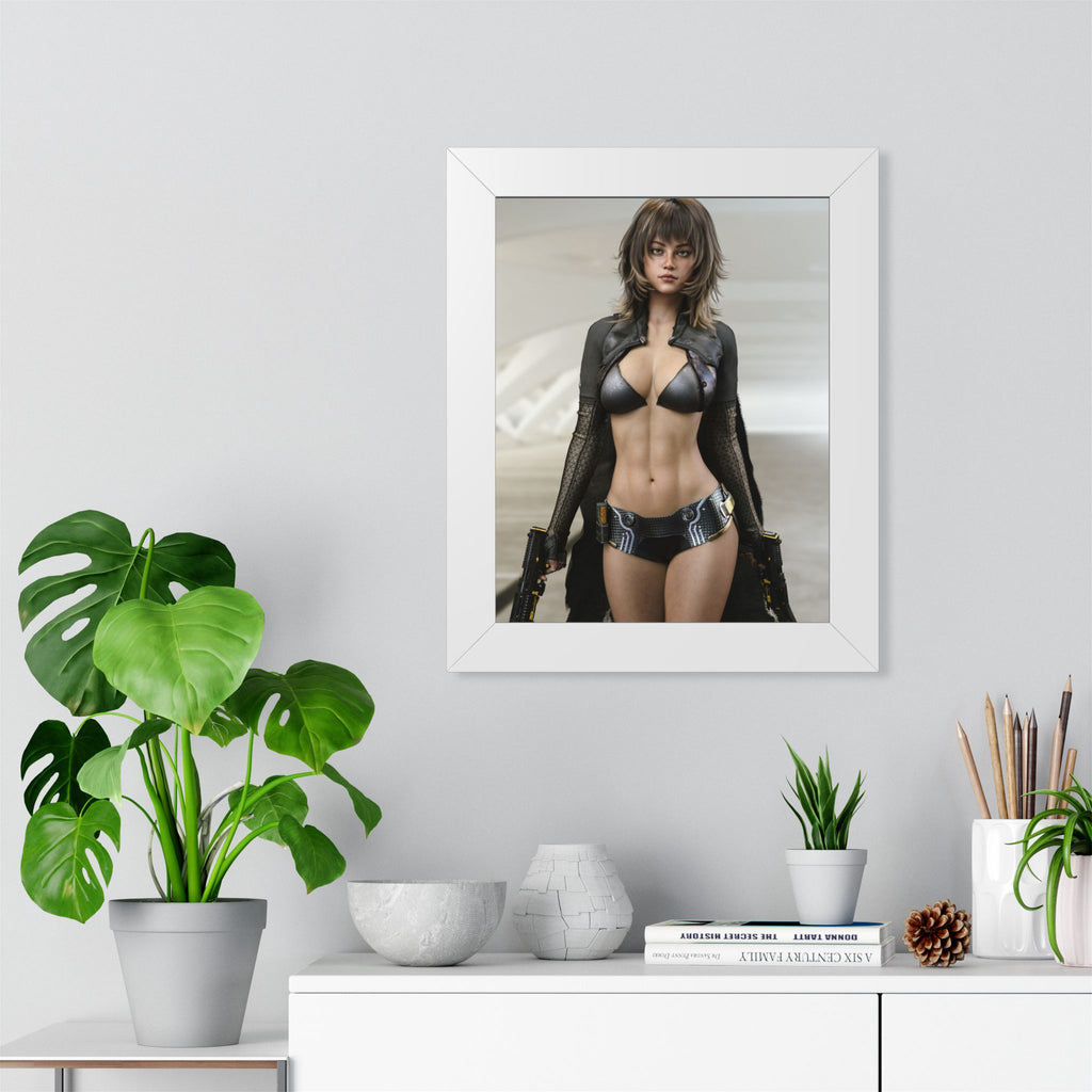 Framed Poster — Futuristic Female Warrior Art Print- No AI - Human created illustration art