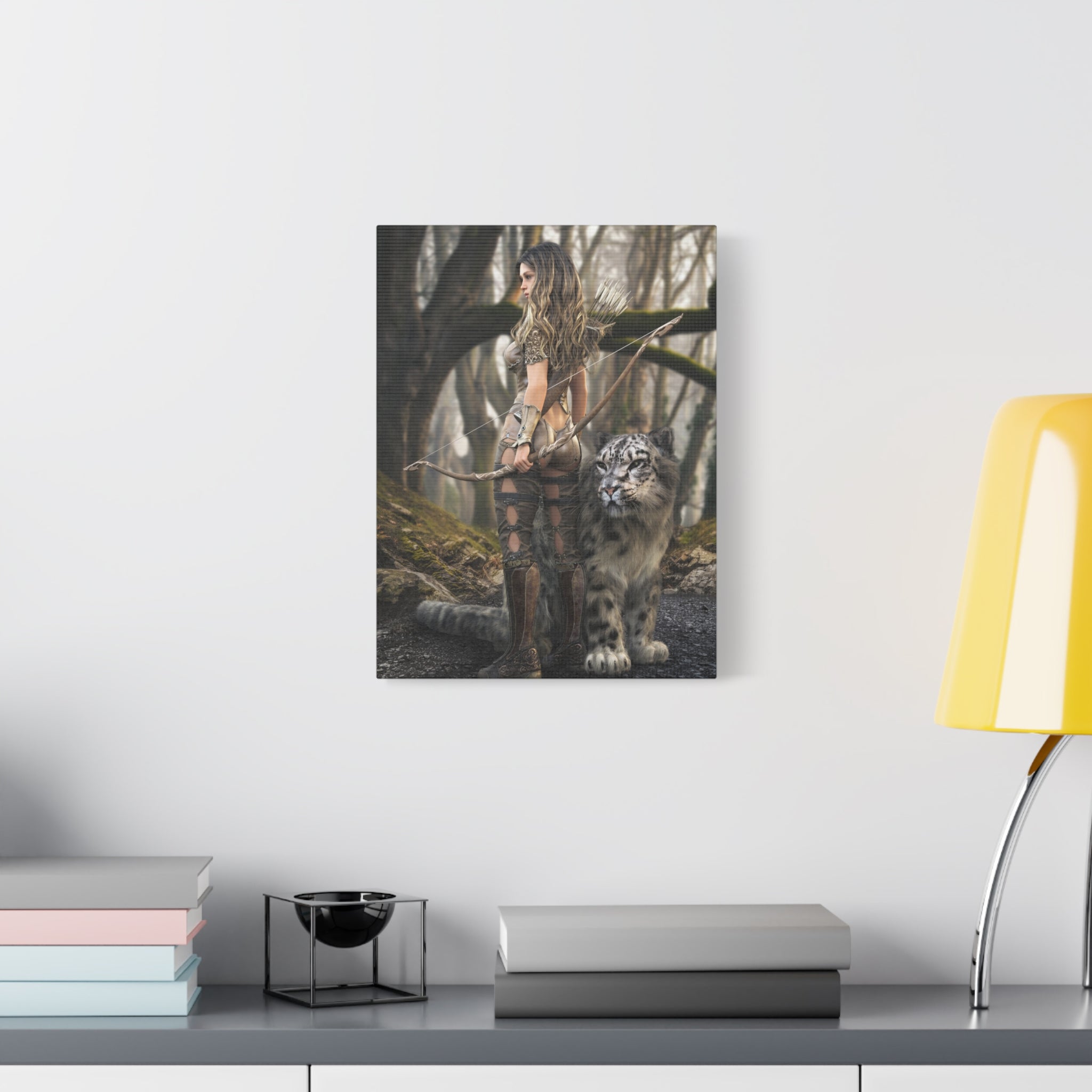 Fantasy Archer Warrior with  Leopard - Matte Stretched Canvas Wall Art - No ai - human created illustration art
