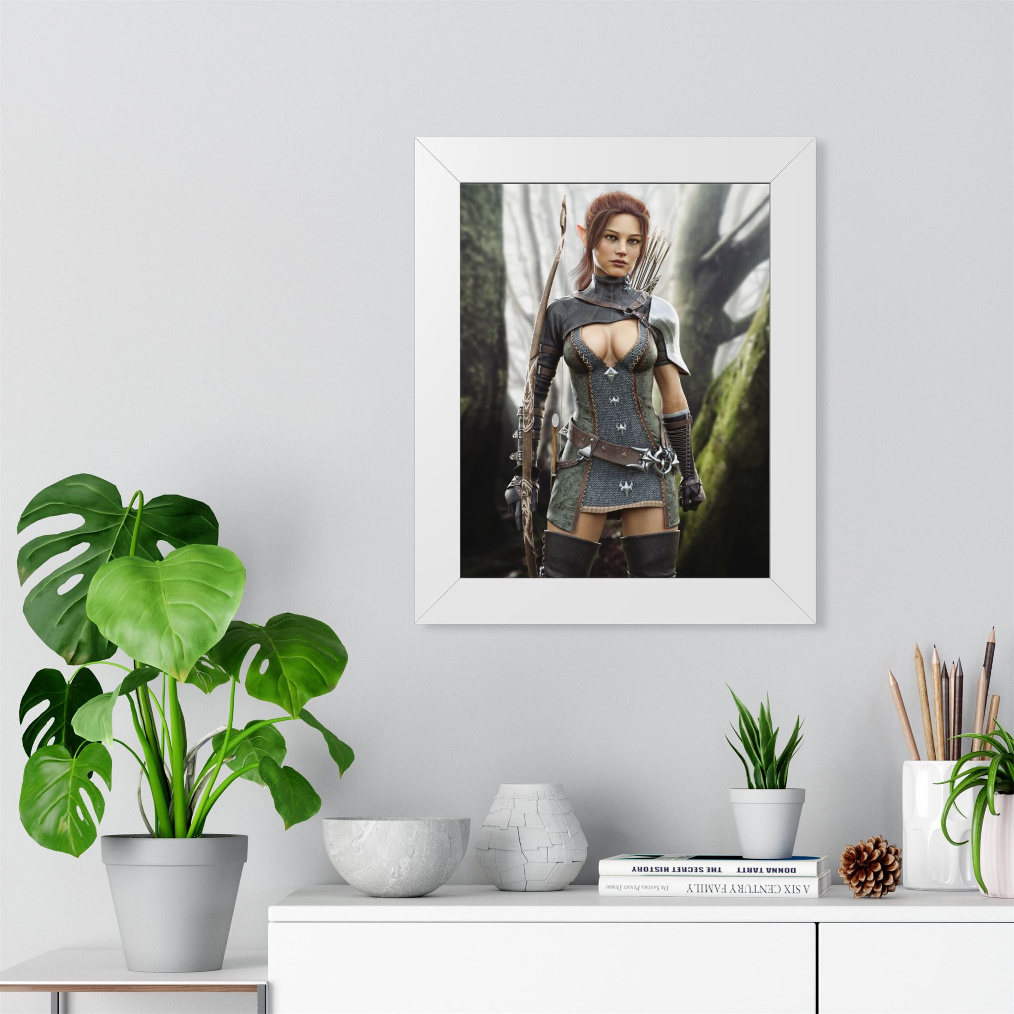 Fantasy Wood Elf Archer Framed Poster — Female Ranger Wall Art - No AI human created illustration art