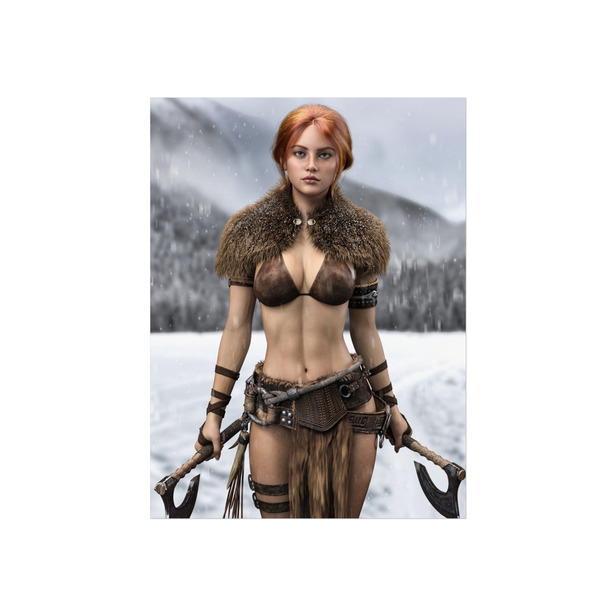 Viking Warrior Woman Fine Art Poster — Red-Haired Norse Axe Fighter Print