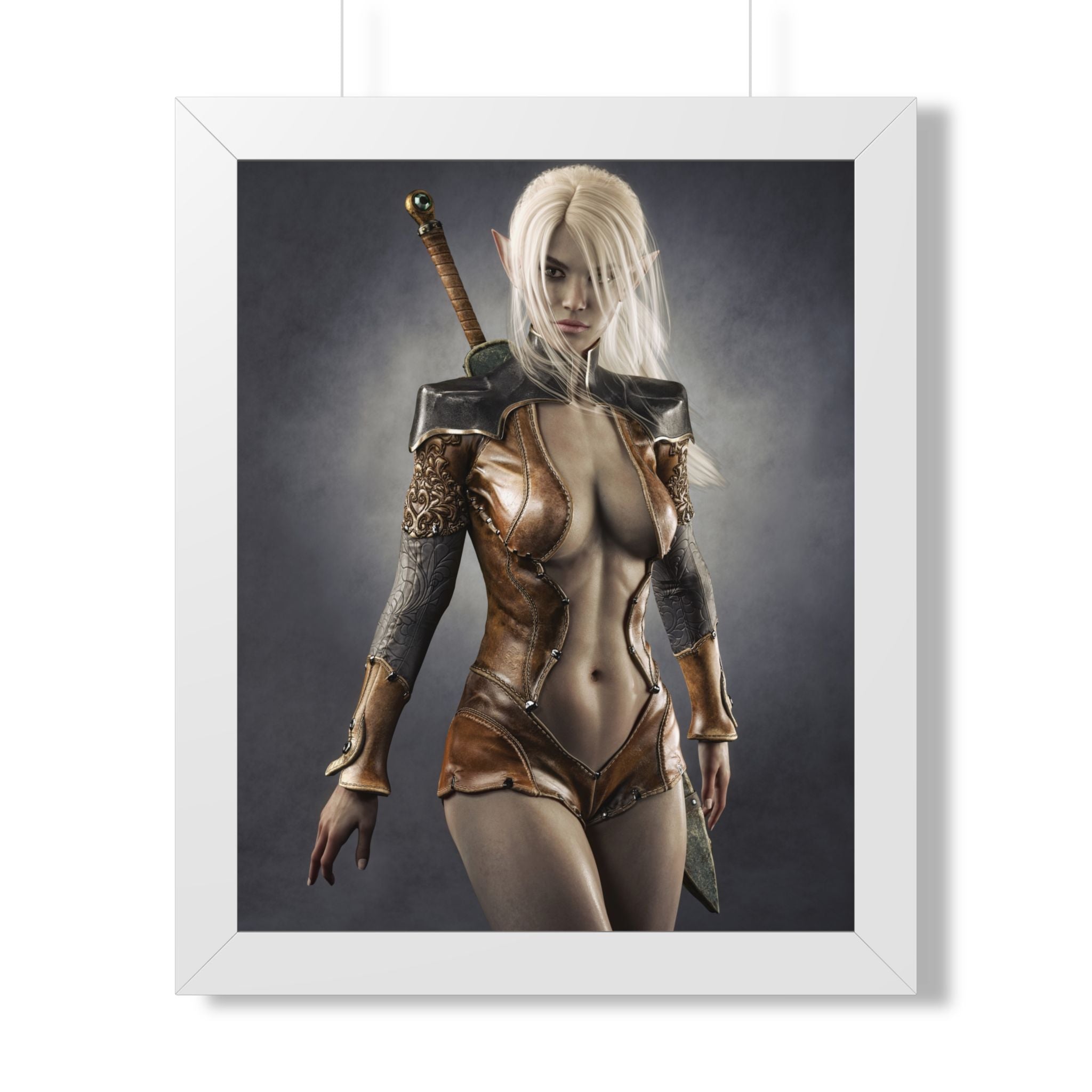 Póster enmarcado — Lámina artística de mujer guerrera fantástica (vertical) - Sin IA - Ilustración creada por humanos