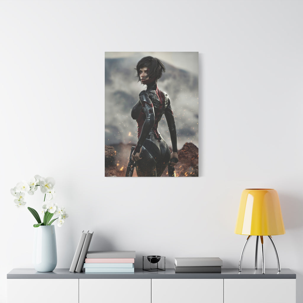 Sci‑Fi Warrior Matte Canvas Print — Futuristic Female Soldier Wall Art- No AI - Human created illustration art