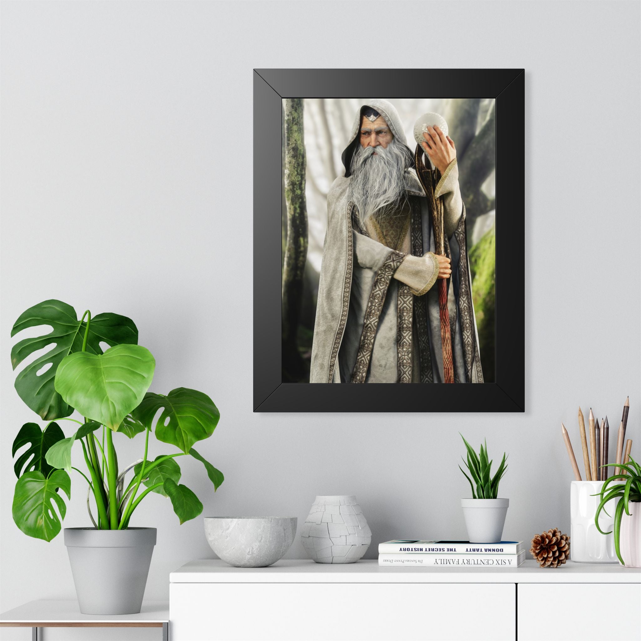 Framed Poster — Wise Wizard with Staff Fantasy Art- No ai - Human created illustration art
