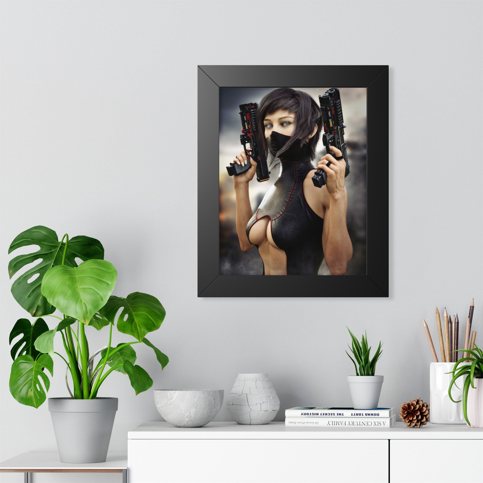 Framed Poster — Cyberpunk Female Assassin Art Print - No AI - Human created illustration art