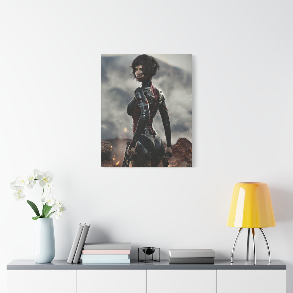 Sci‑Fi Warrior Matte Canvas Print — Futuristic Female Soldier Wall Art- No AI - Human created illustration art