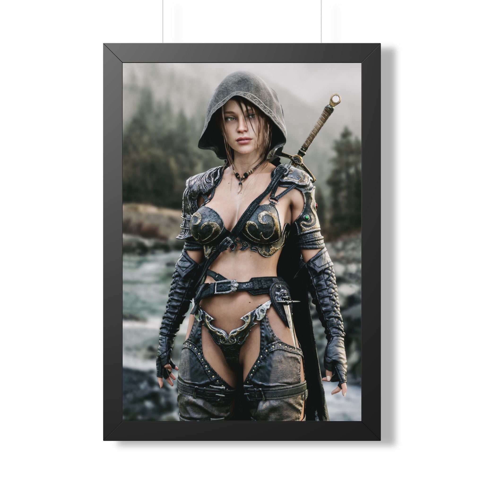 Framed Poster - Fantasy Female Ranger Warrior Art (Vertical) - No AI- Human created illustration art