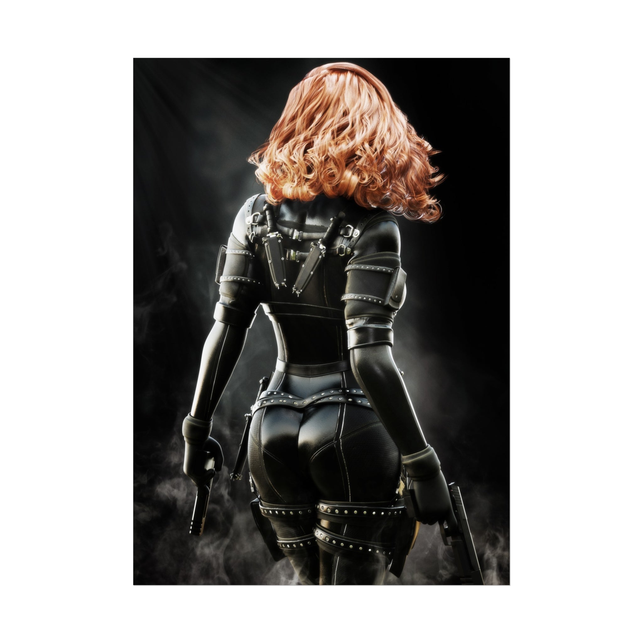 Póster de arte inspirado en Black Widow — Arte de pared de asesina de cuero Femme Fatale - Sin IA - Ilustración creada por humanos