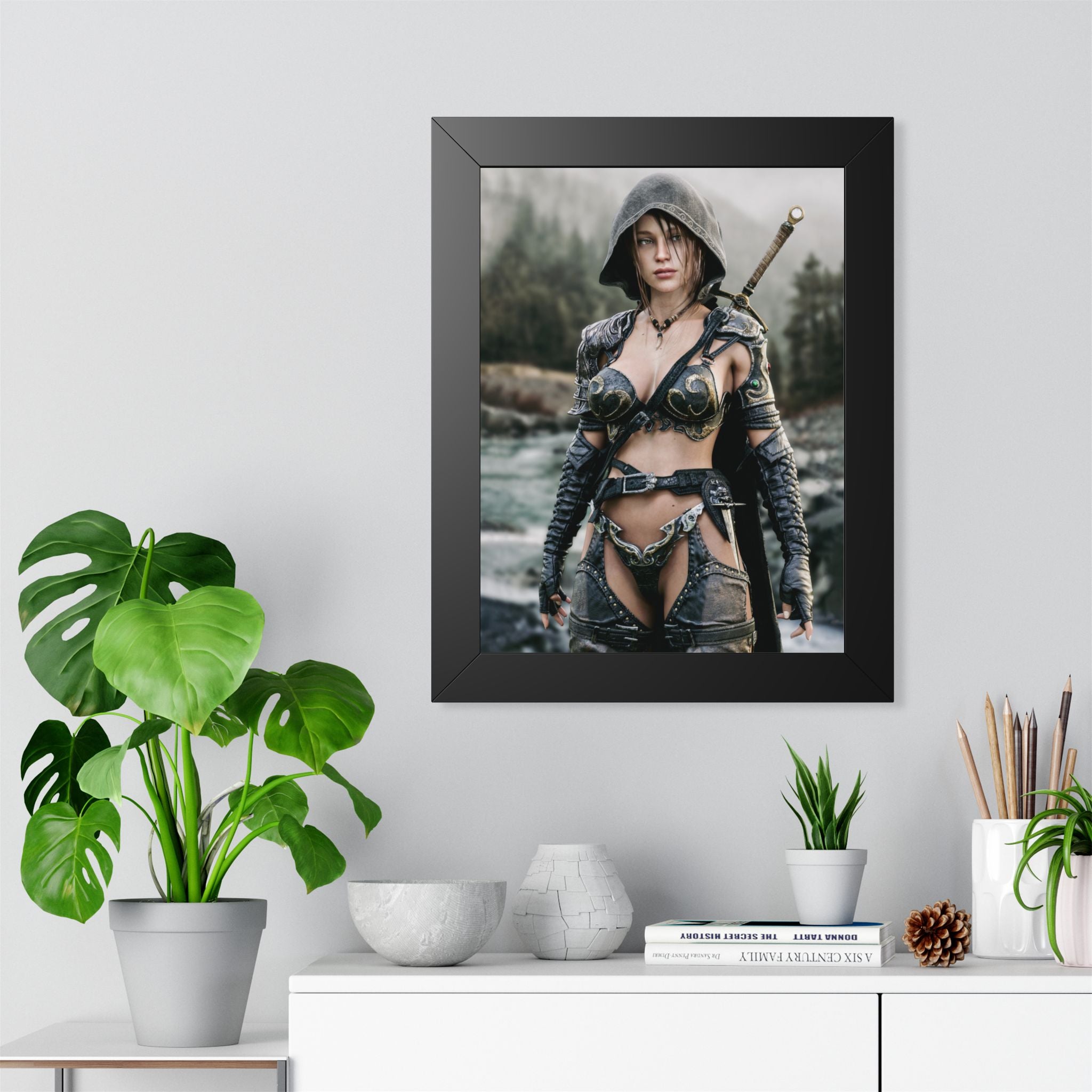 Framed Poster - Fantasy Female Ranger Warrior Art (Vertical) - No AI- Human created illustration art