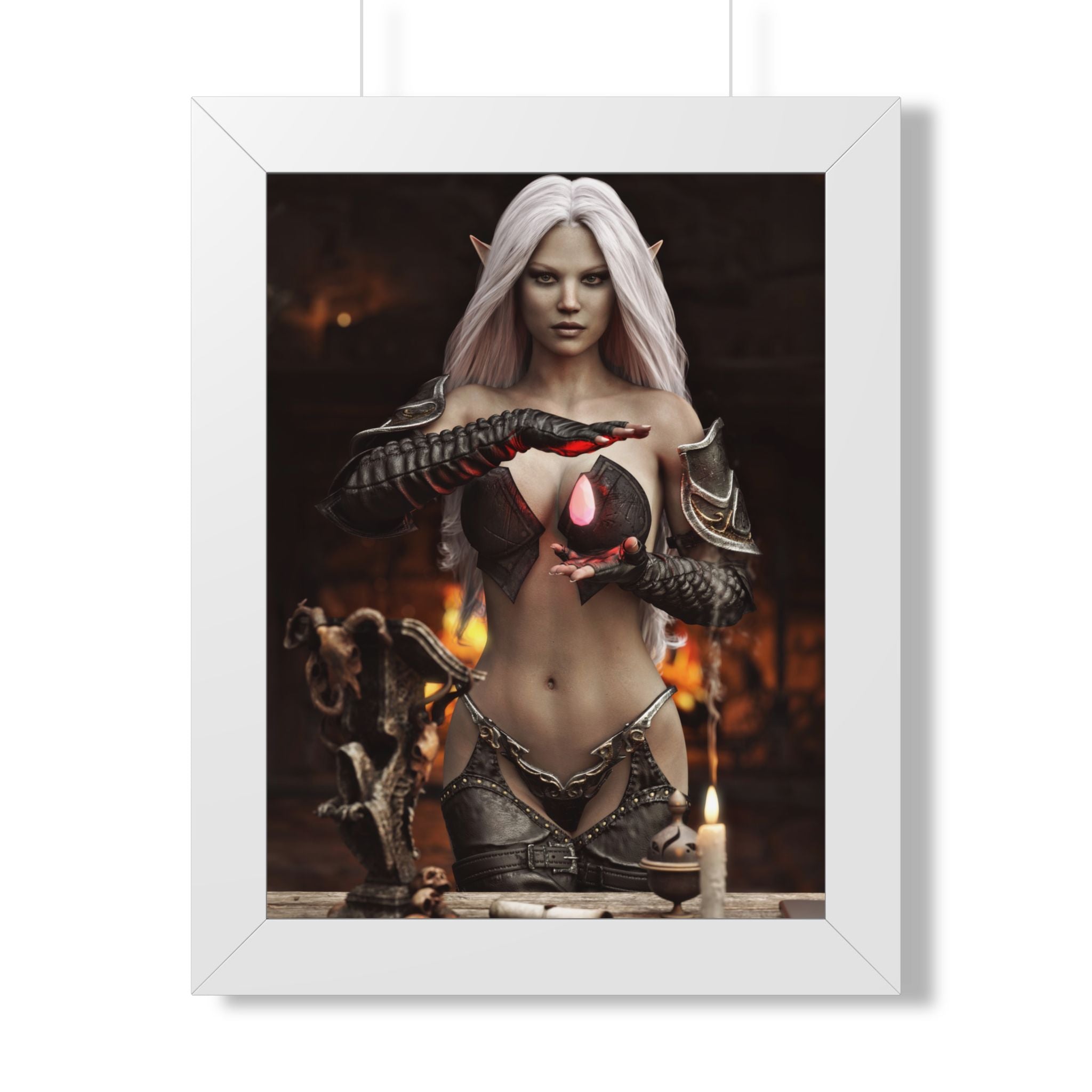 Framed Poster — Dark Fantasy Elf Sorceress with Glowing Orb- NO AI - Human made illustration