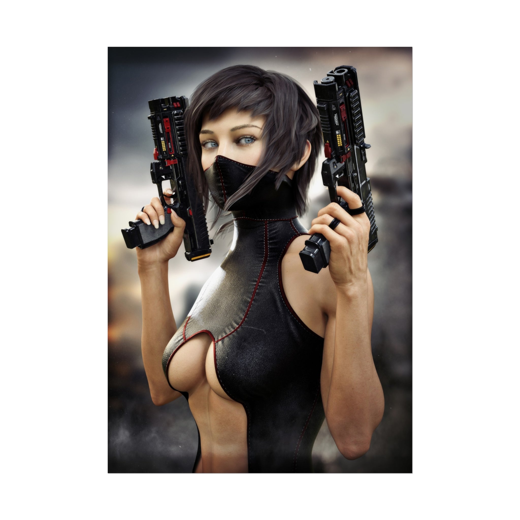 Póster de arte fino de asesina ciberpunk — Arte de pared de pistolera futurista - No IA - Ilustración creada por humanos