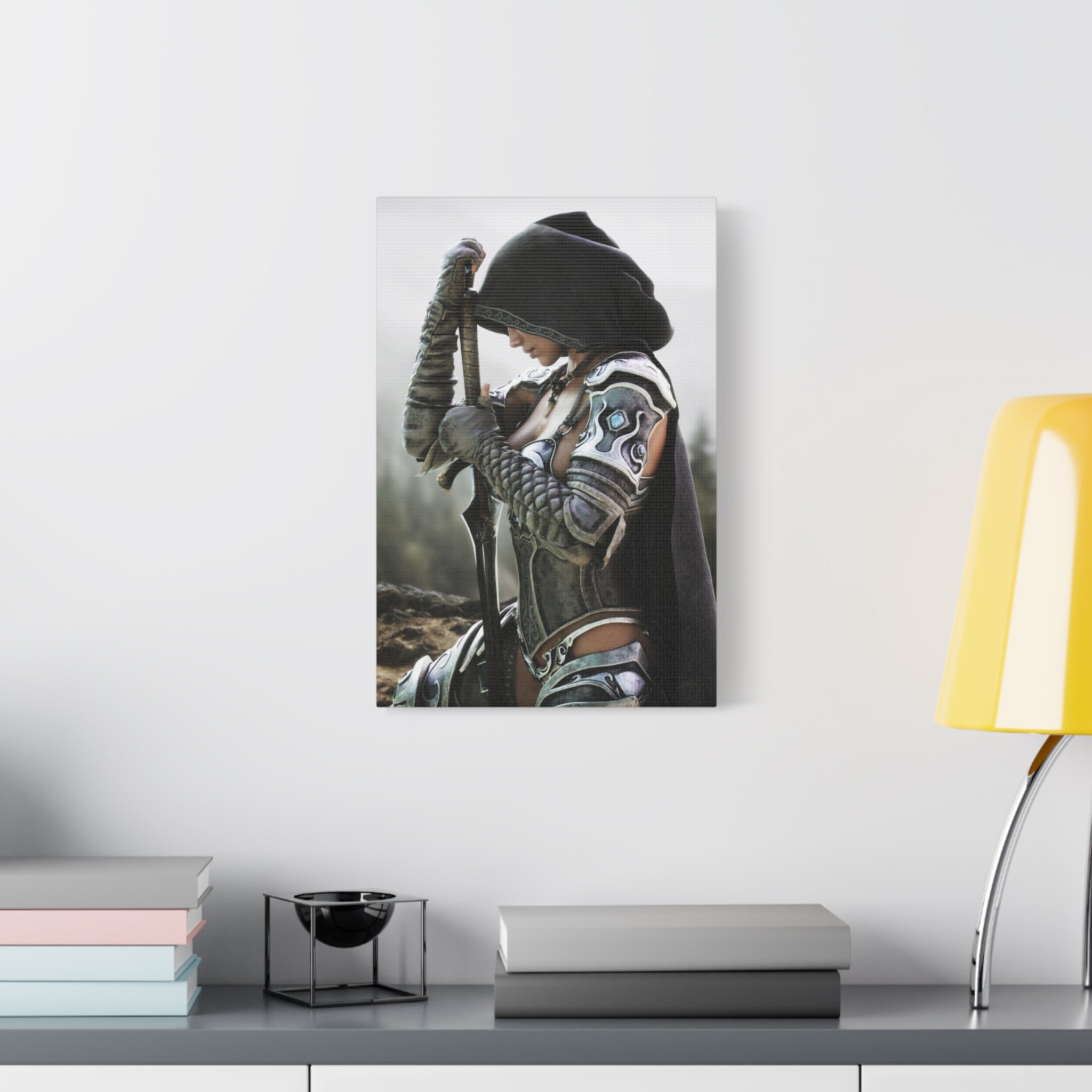 Fantasy Warrior Canvas Print — Hooded Female Knight Matte Stretched Wall Art- No AI- Human created fantasy art