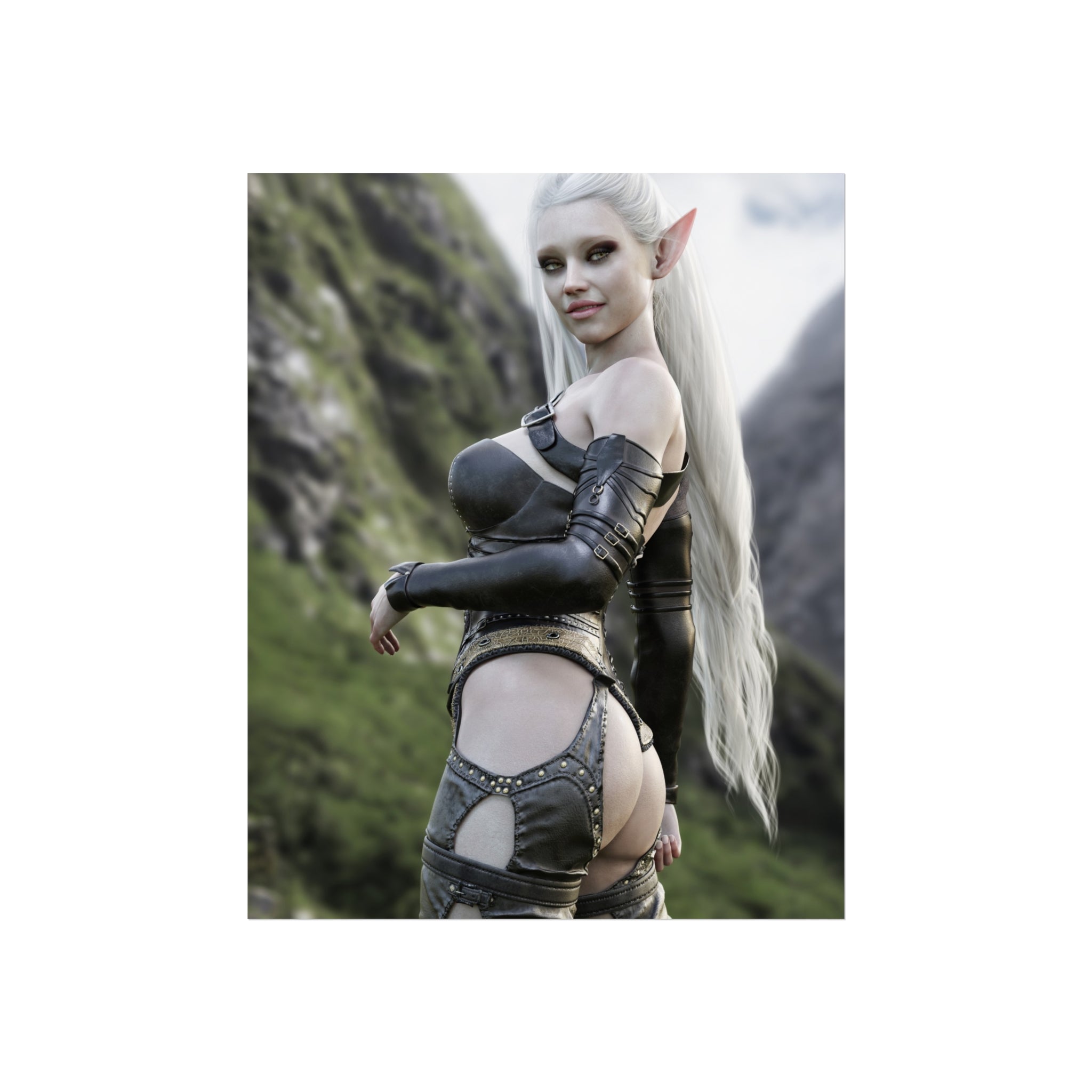 Póster de arte de elfa guerrera de fantasía — Lámina de elfa sexy para pared - No IA - Ilustración creada por humanos