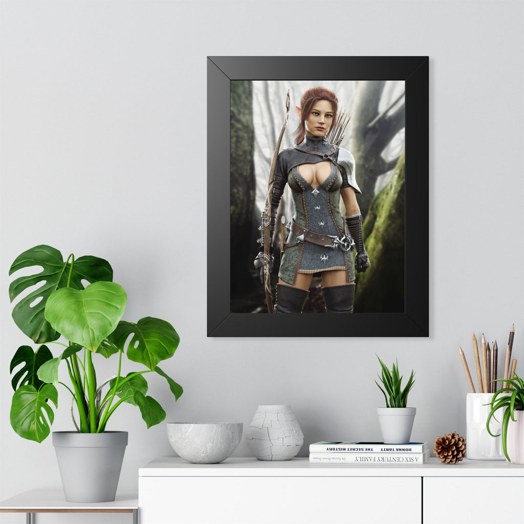 Fantasy Wood Elf Archer Framed Poster — Female Ranger Wall Art - No AI human created illustration art